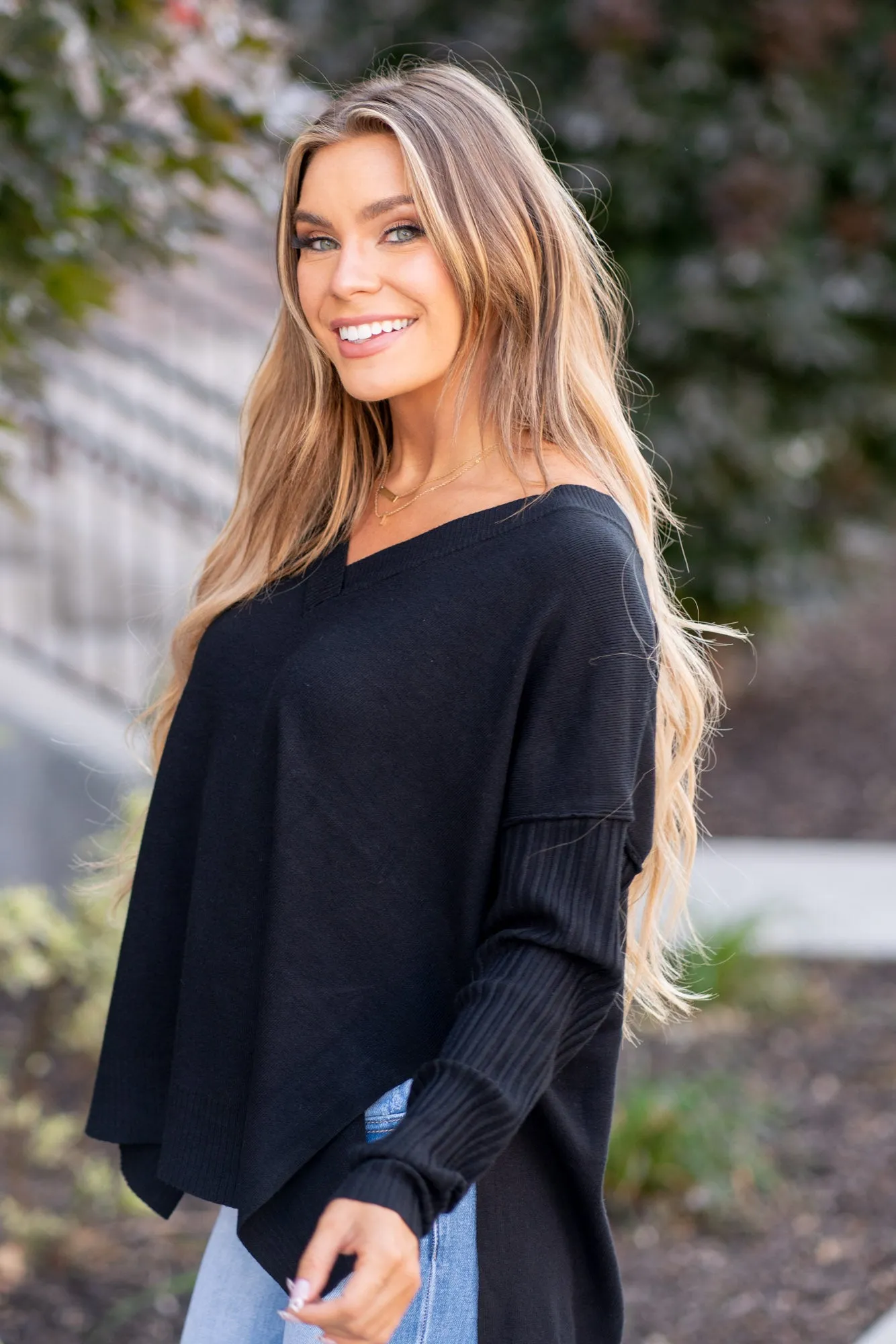 V-Neck Side Slit High-Low Sweater