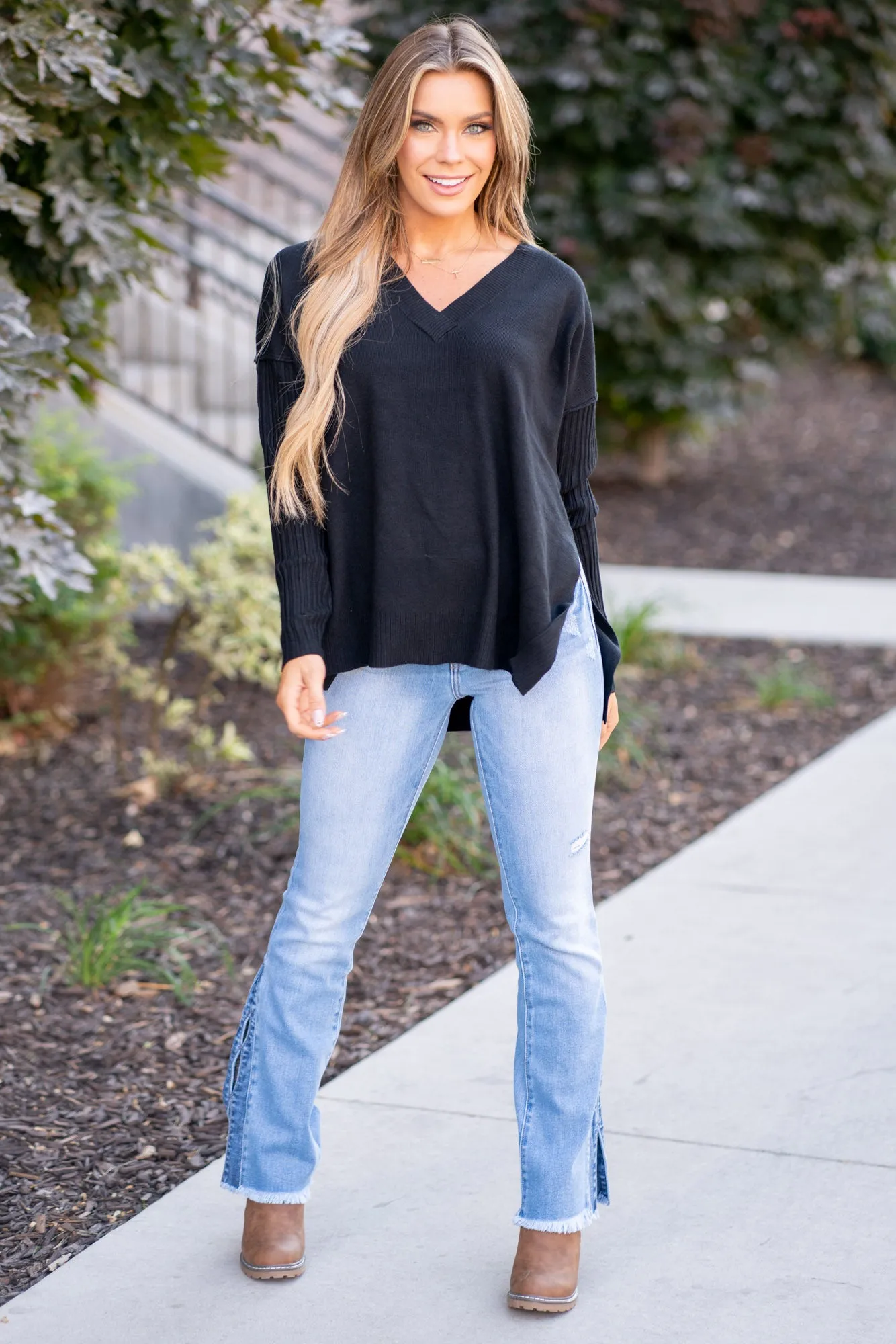 V-Neck Side Slit High-Low Sweater