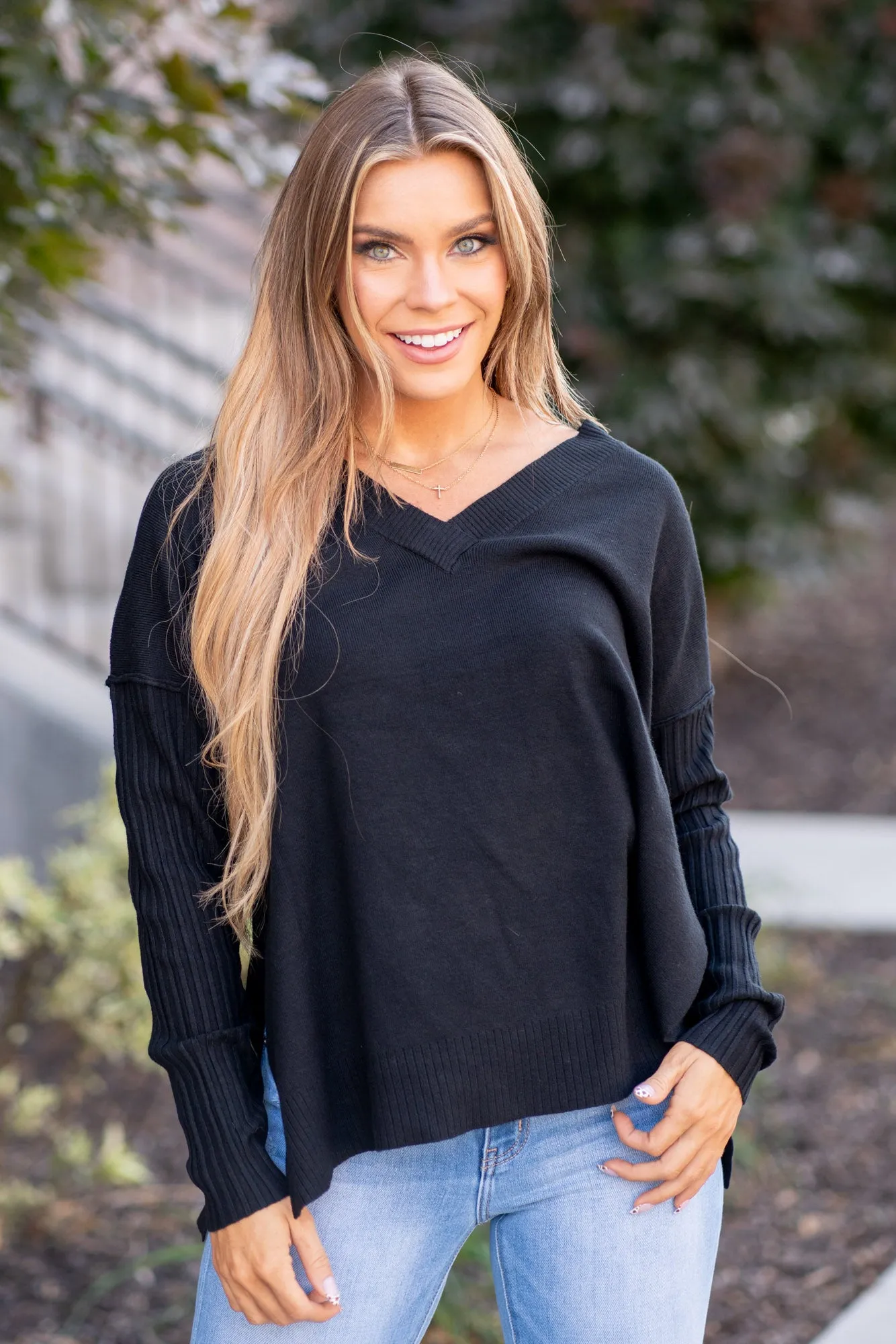 V-Neck Side Slit High-Low Sweater