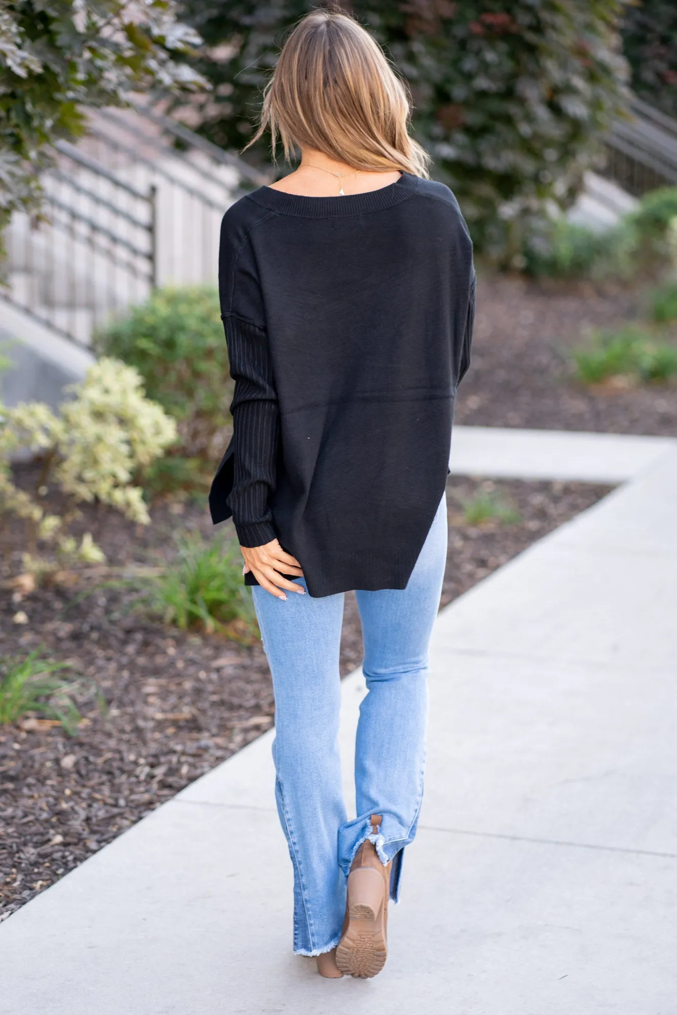 V-Neck Side Slit High-Low Sweater