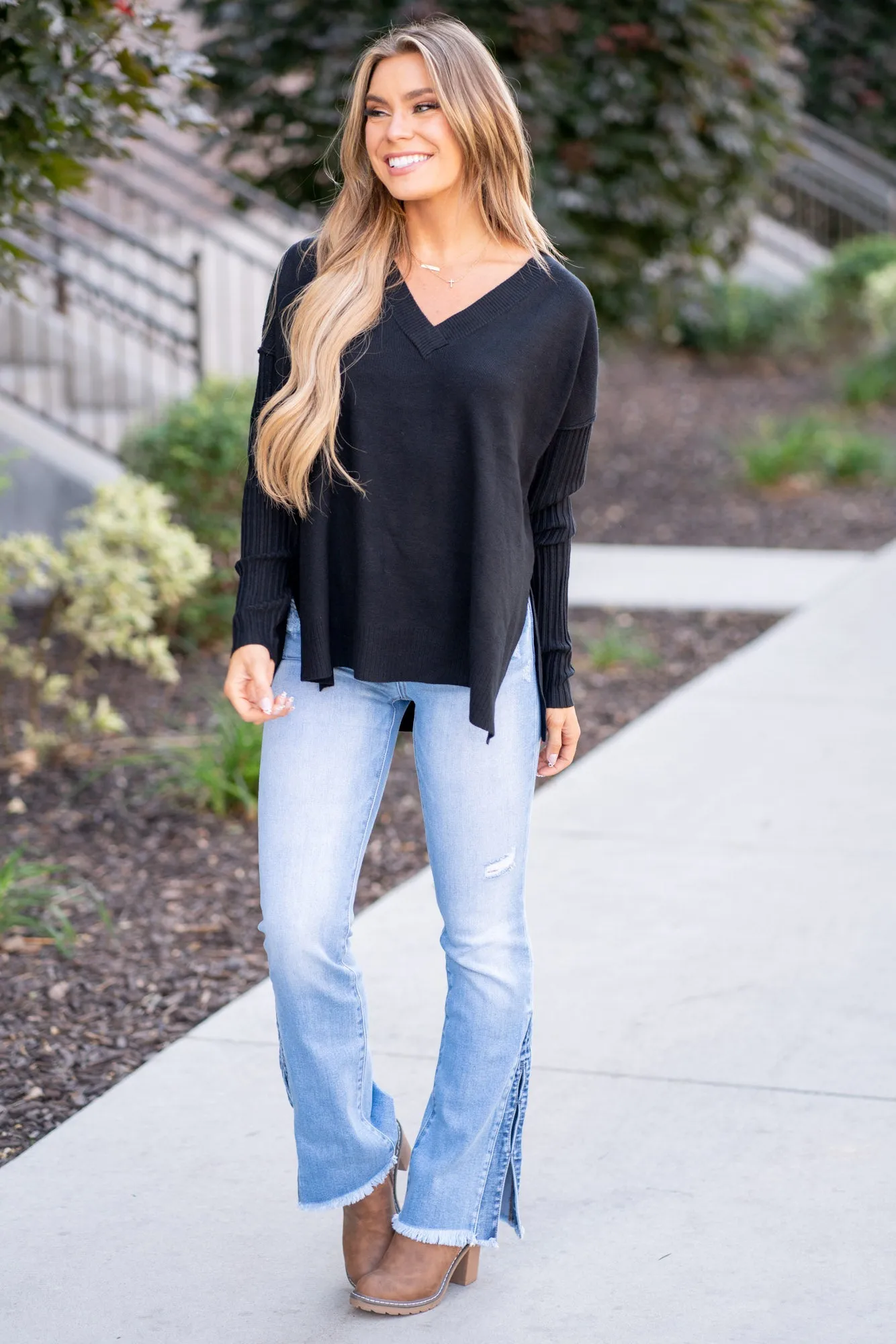 V-Neck Side Slit High-Low Sweater