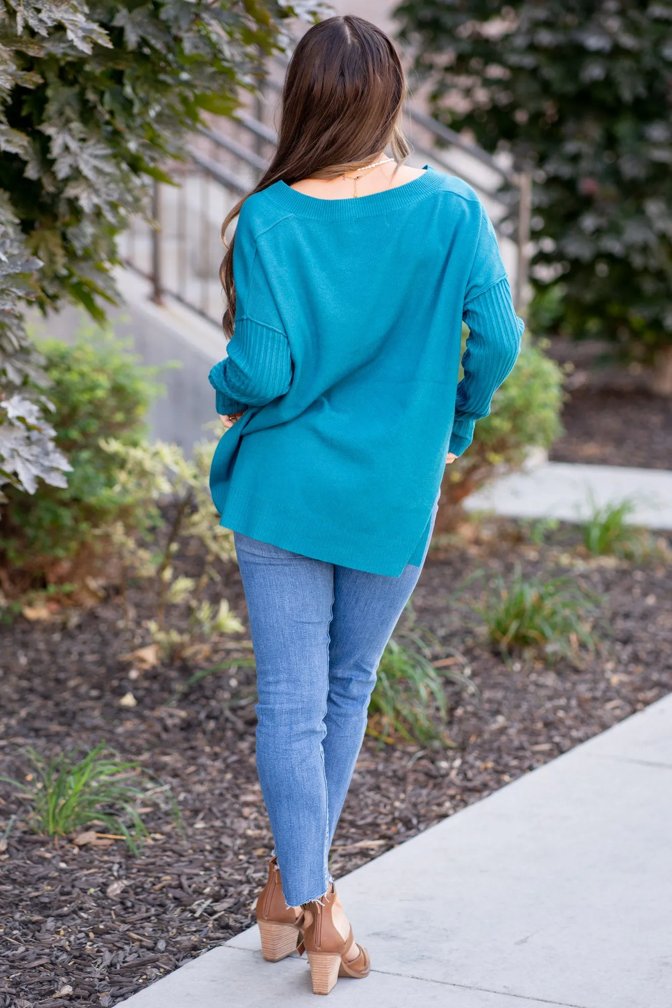 V-Neck Side Slit High-Low Sweater