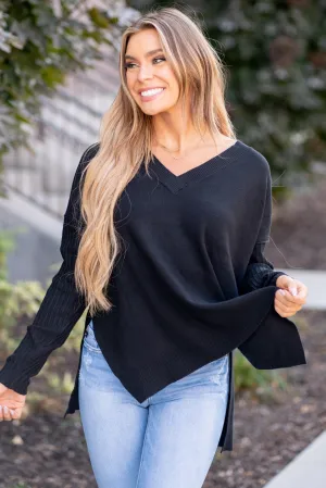 V-Neck Side Slit High-Low Sweater