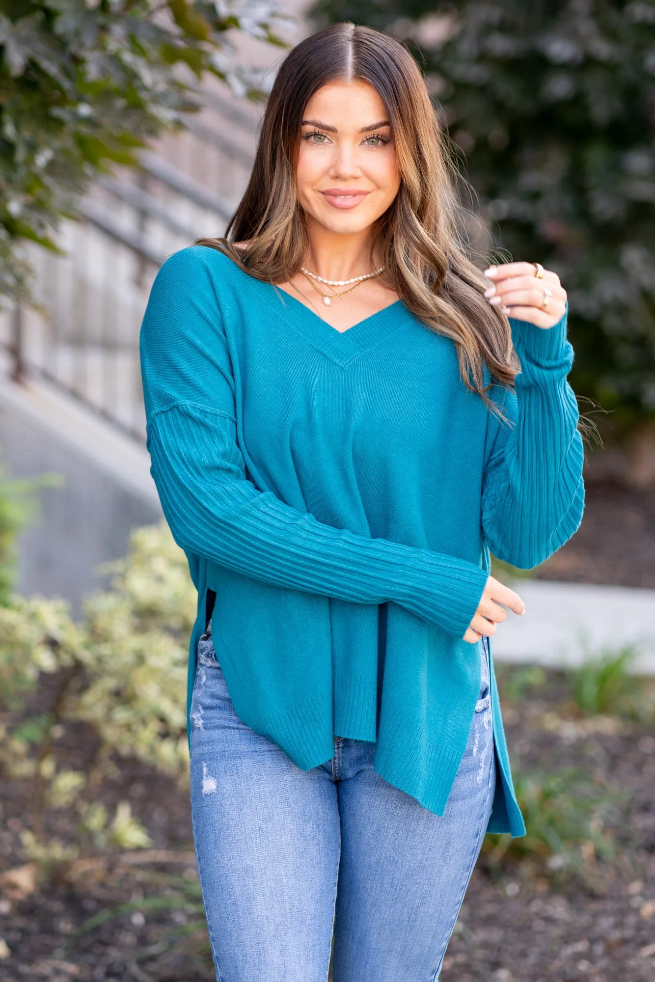 V-Neck Side Slit High-Low Sweater