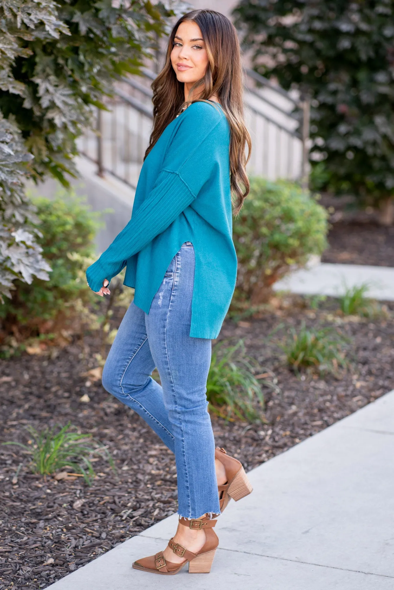 V-Neck Side Slit High-Low Sweater