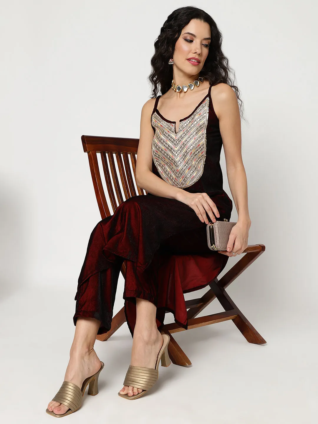 Velvet Embroidered Yoke Strappy Kurta With Straight Pant Set (Set Of 2)