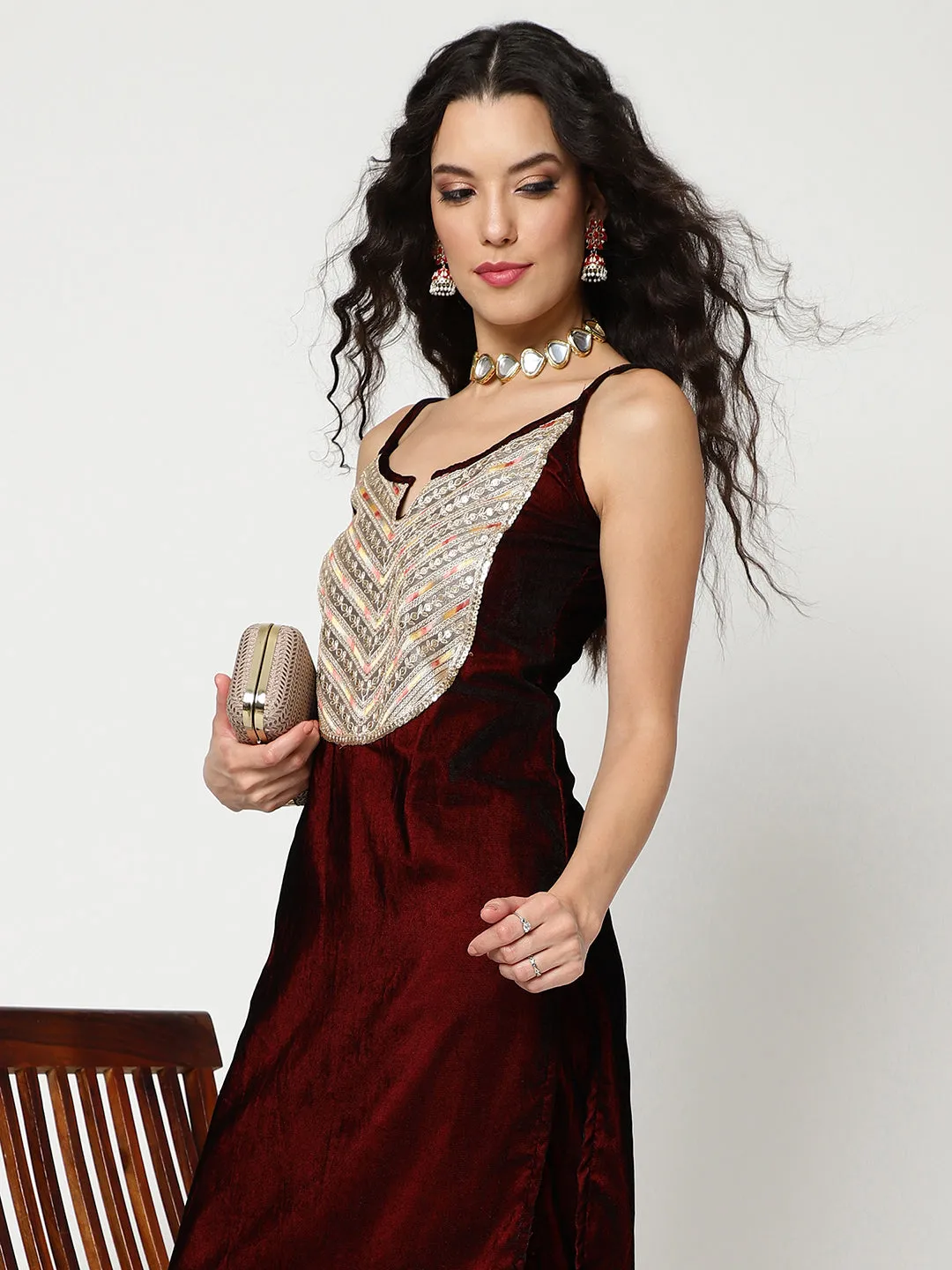 Velvet Embroidered Yoke Strappy Kurta With Straight Pant Set (Set Of 2)