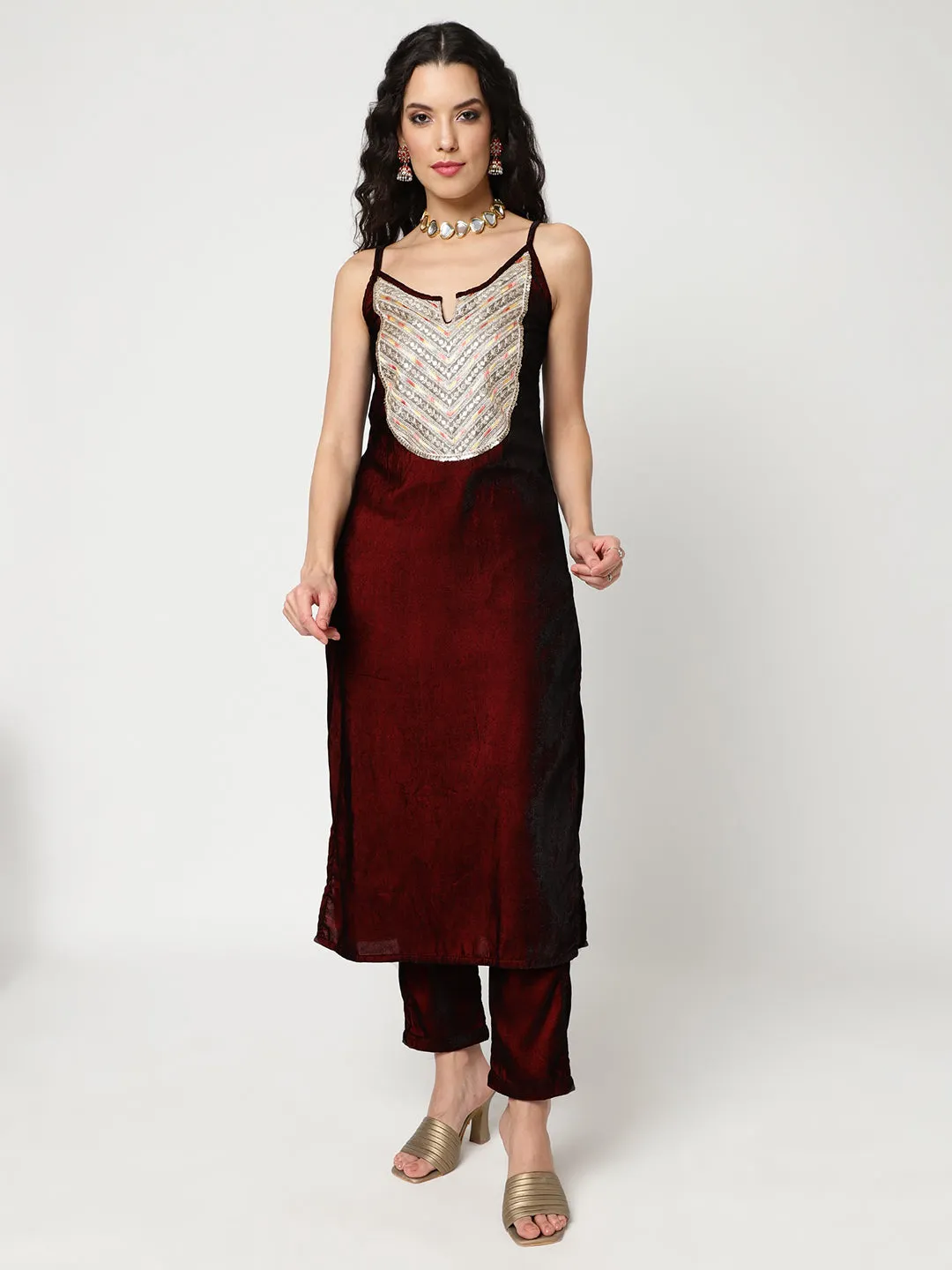 Velvet Embroidered Yoke Strappy Kurta With Straight Pant Set (Set Of 2)