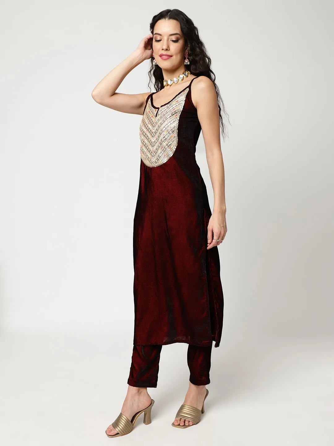Velvet Embroidered Yoke Strappy Kurta With Straight Pant Set (Set Of 2)