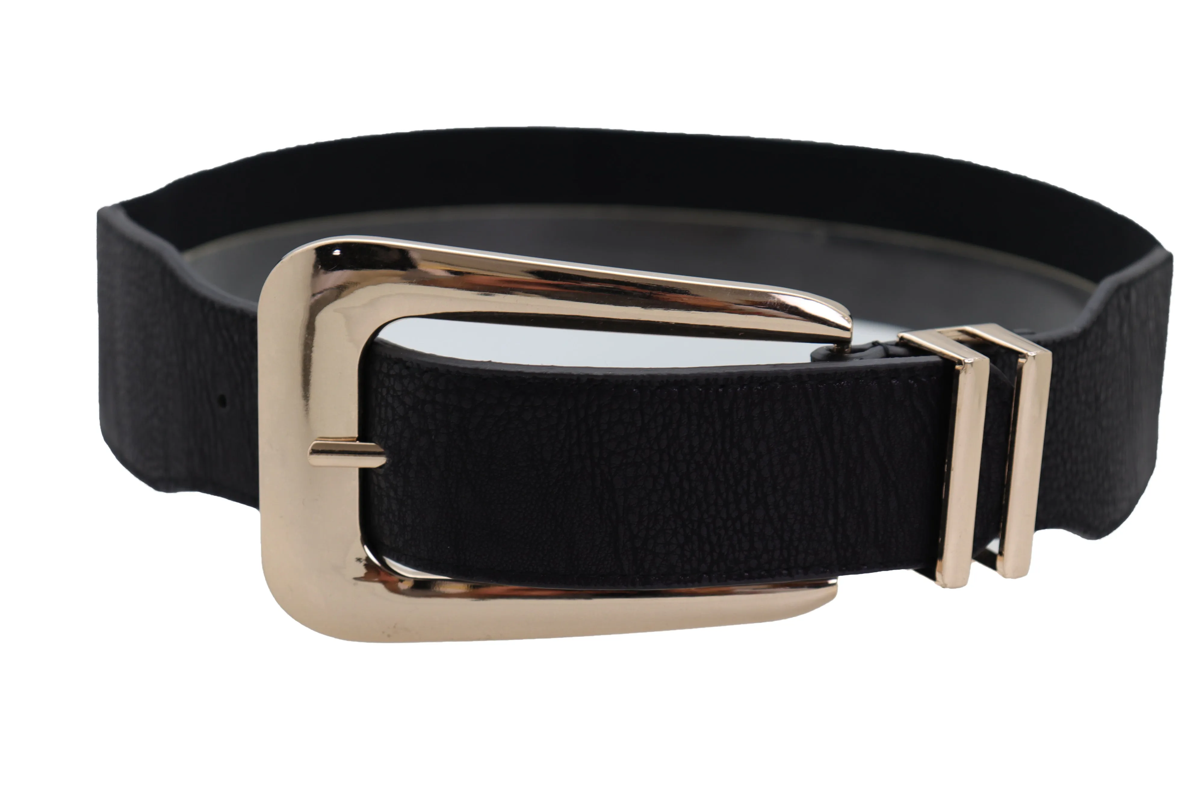 Waist Hip Gold Metal Long Buckle Black Elastic Fashion Belt Fit Size XS S