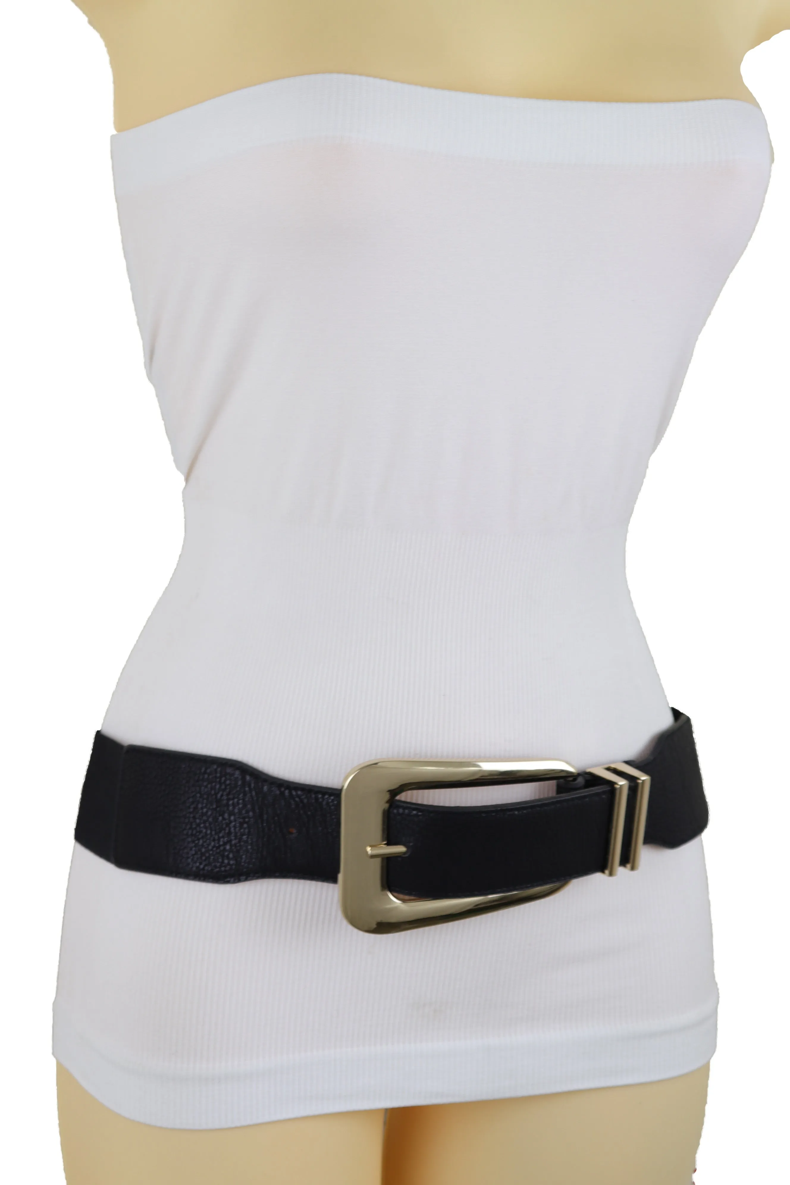 Waist Hip Gold Metal Long Buckle Black Elastic Fashion Belt Fit Size XS S