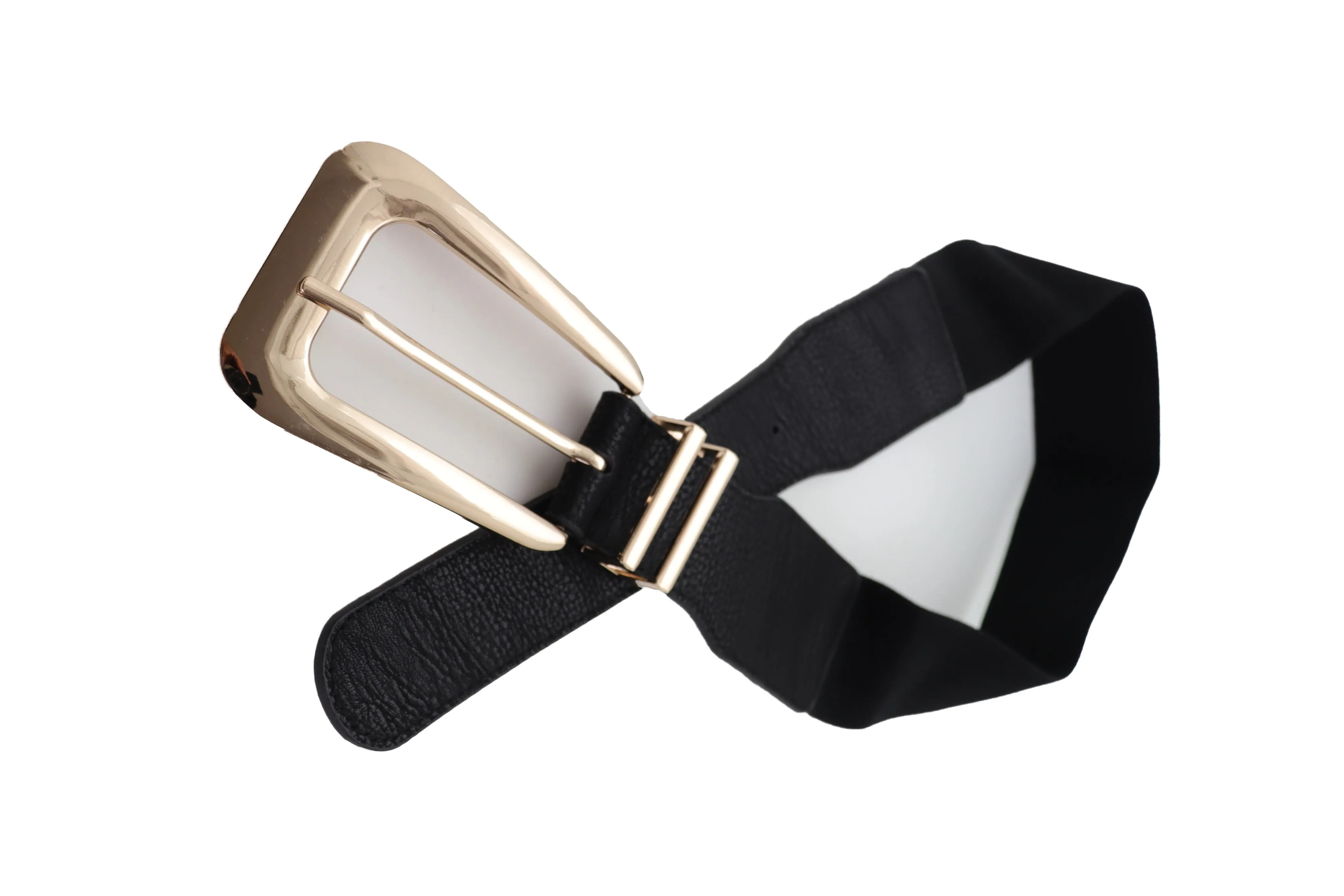 Waist Hip Gold Metal Long Buckle Black Elastic Fashion Belt Fit Size XS S