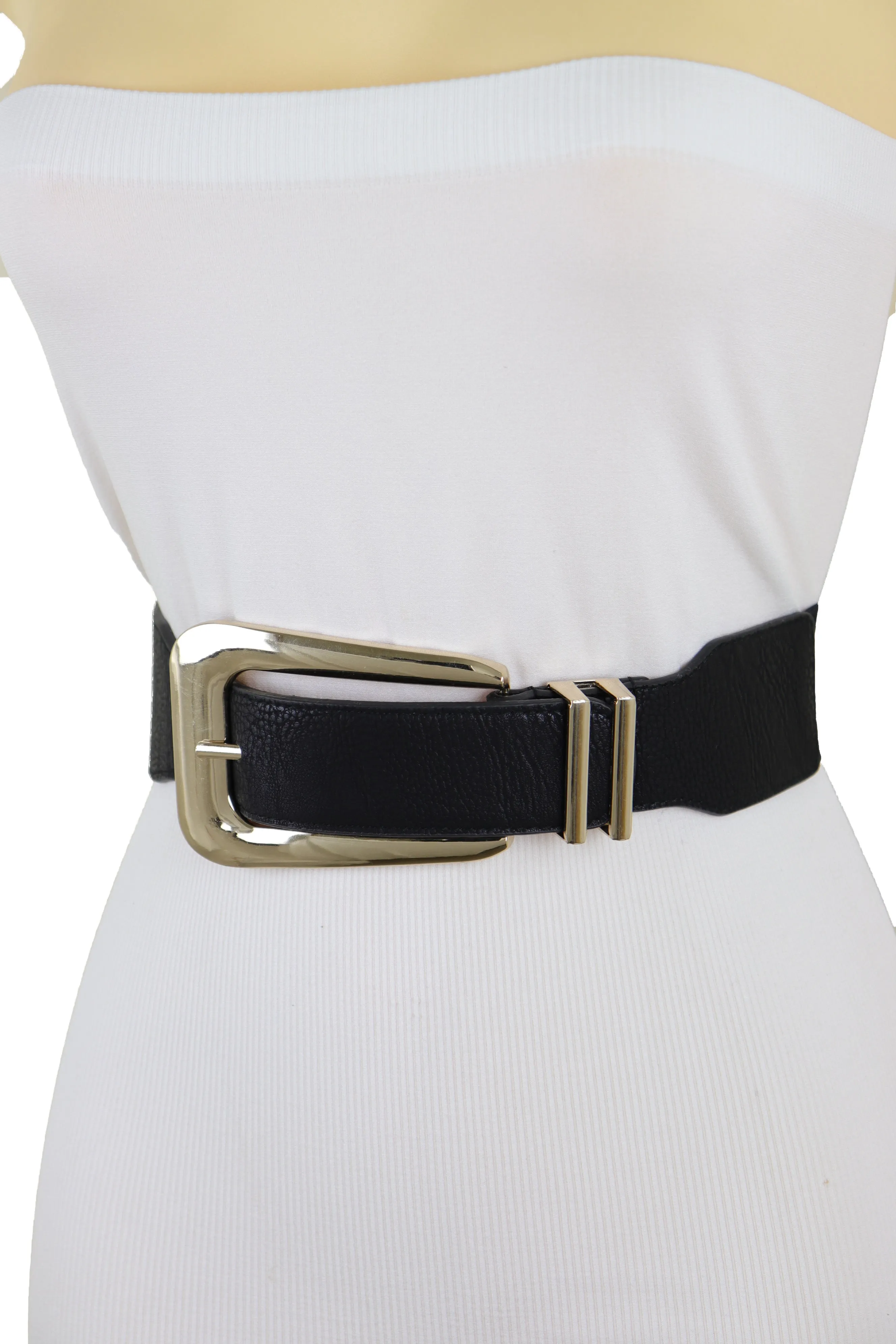 Waist Hip Gold Metal Long Buckle Black Elastic Fashion Belt Fit Size XS S