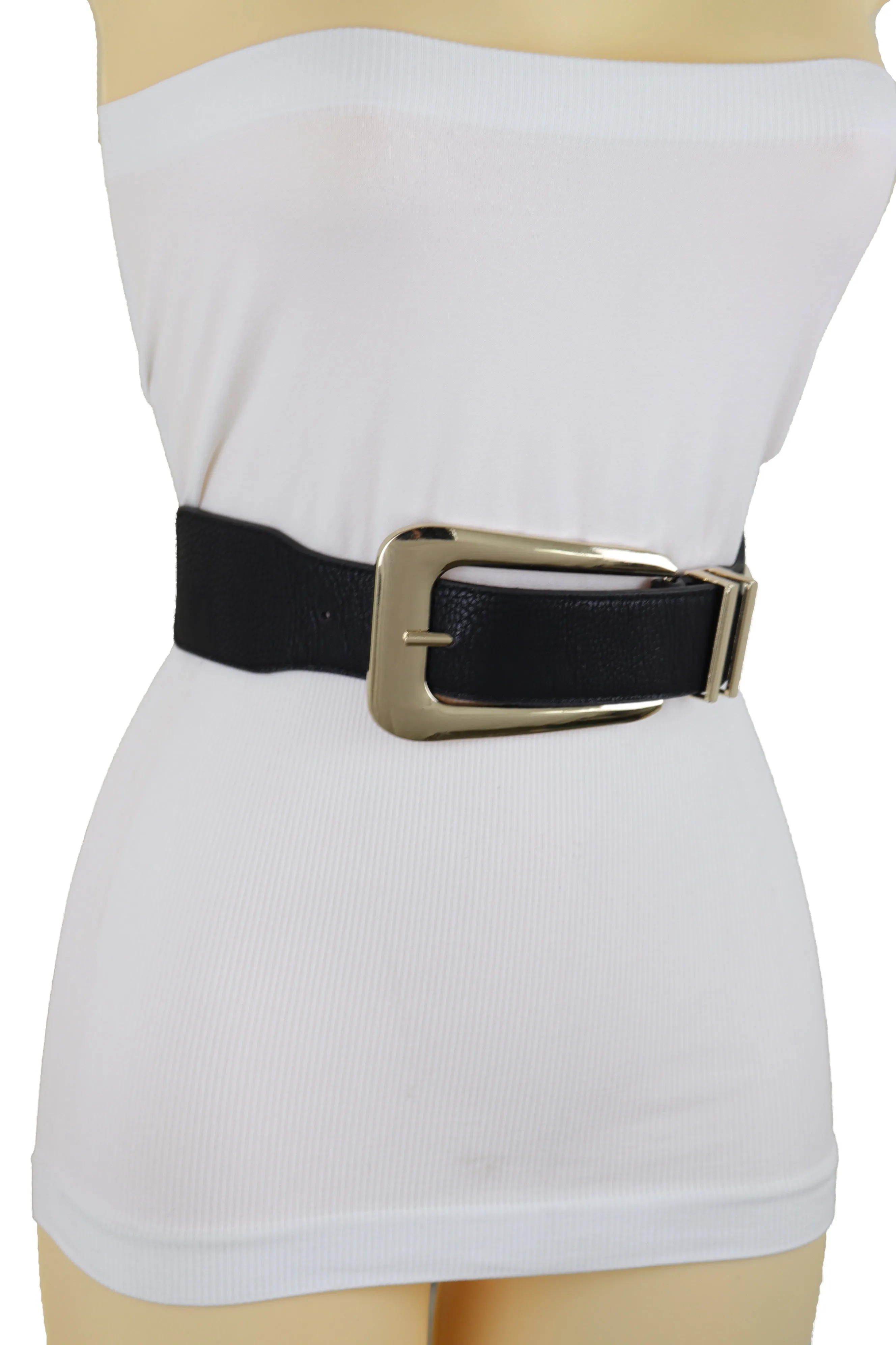 Waist Hip Gold Metal Long Buckle Black Elastic Fashion Belt Fit Size XS S