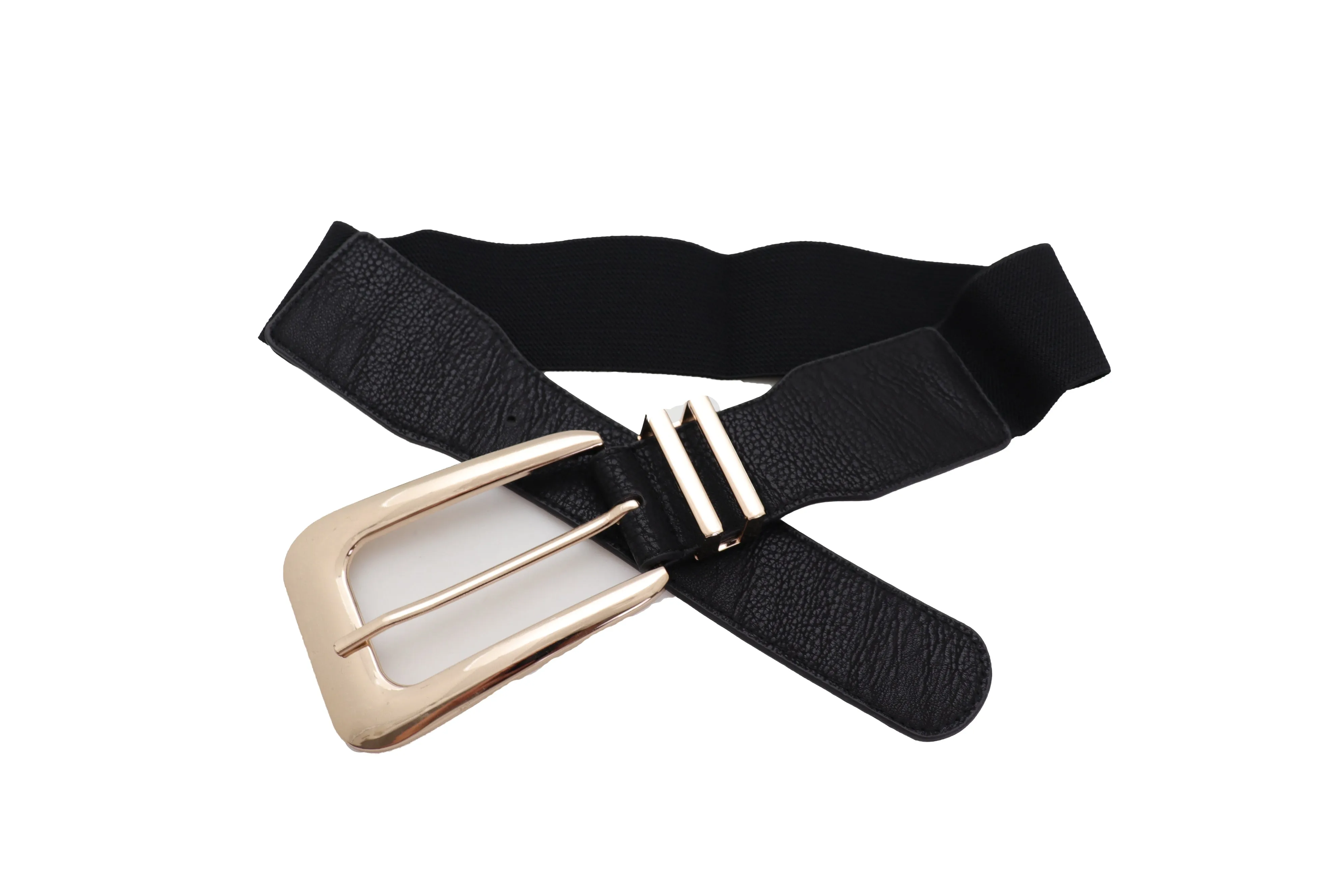 Waist Hip Gold Metal Long Buckle Black Elastic Fashion Belt Fit Size XS S