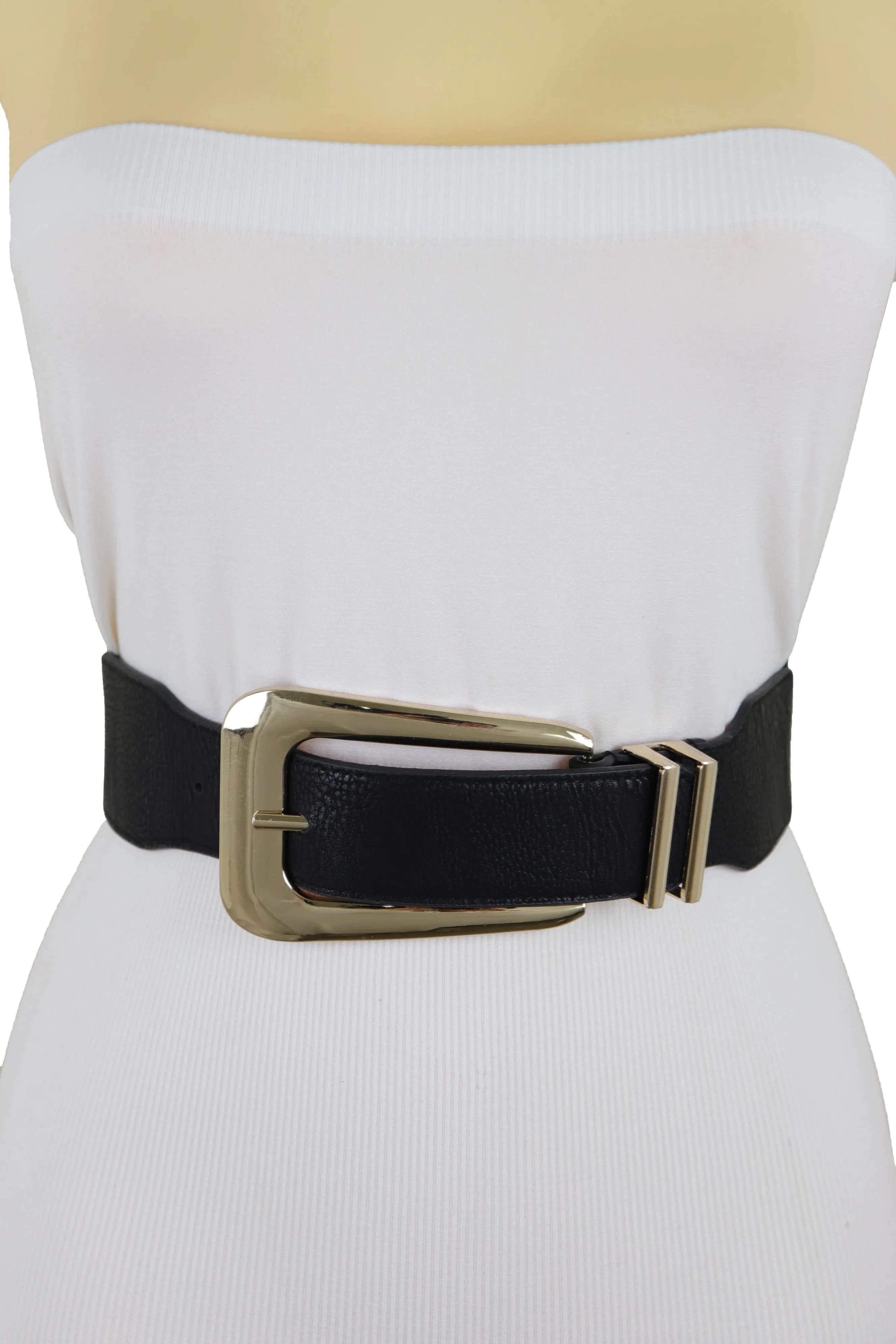 Waist Hip Gold Metal Long Buckle Black Elastic Fashion Belt Fit Size XS S