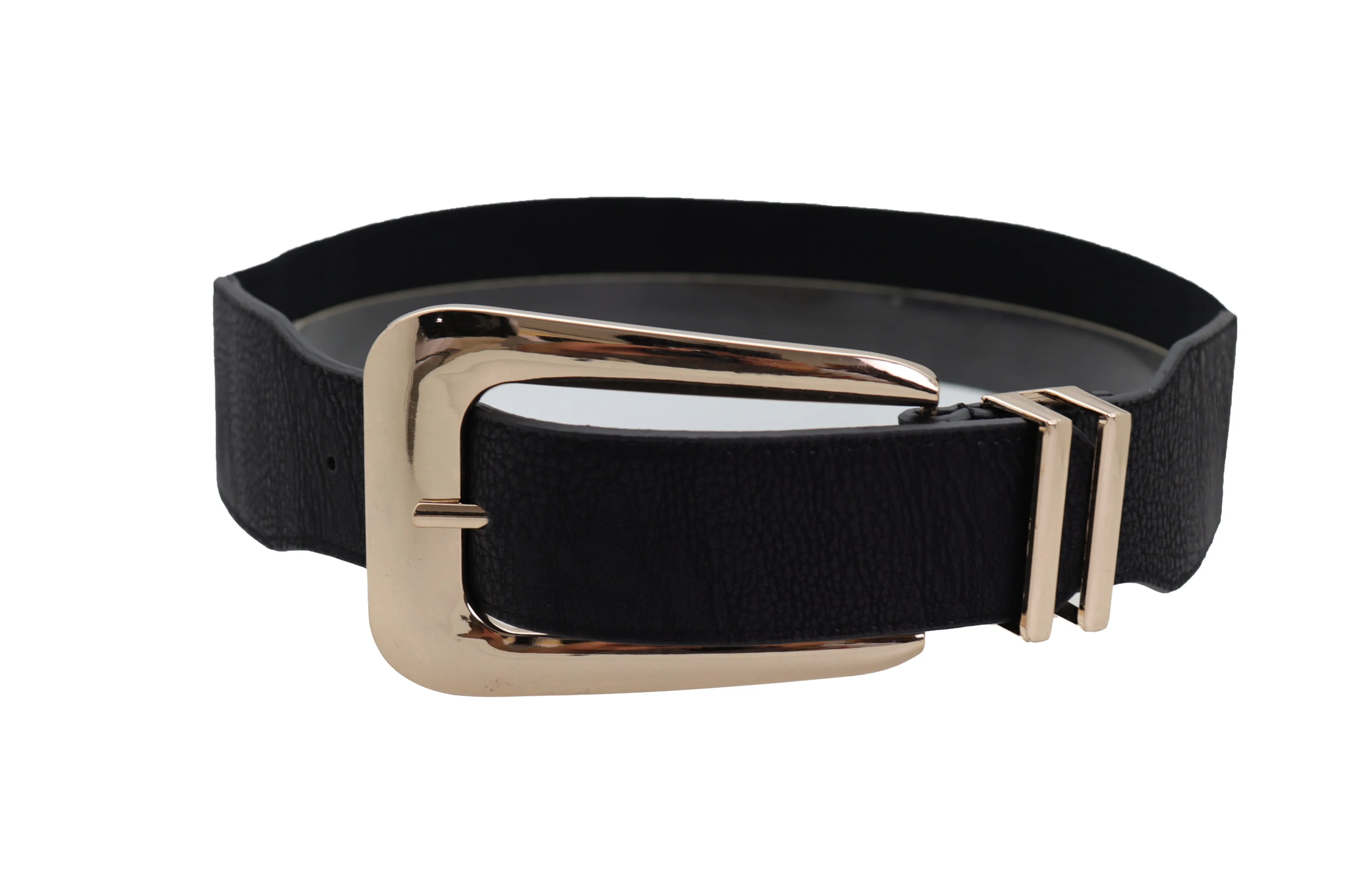 Waist Hip Gold Metal Long Buckle Black Elastic Fashion Belt Fit Size XS S