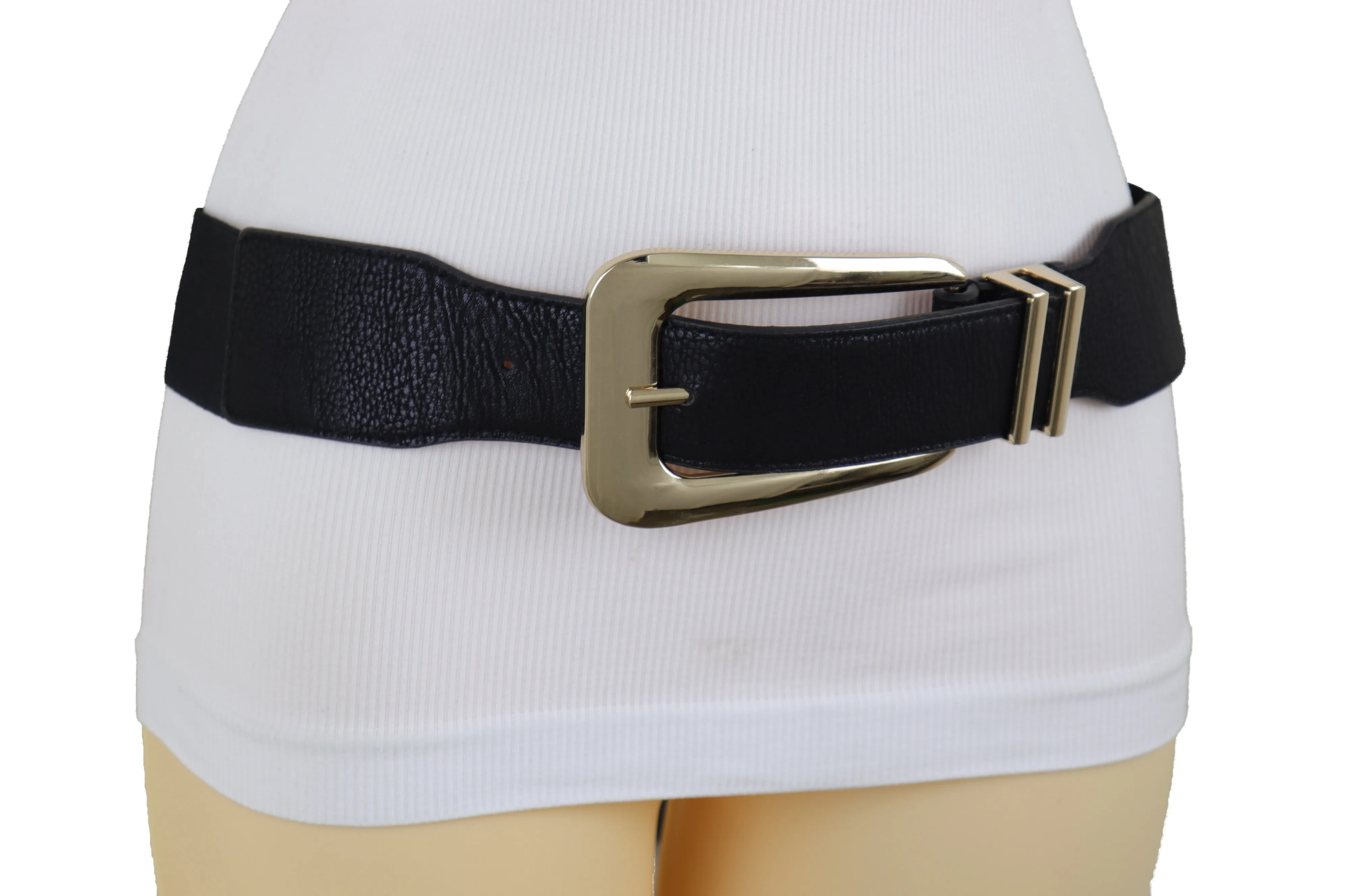 Waist Hip Gold Metal Long Buckle Black Elastic Fashion Belt Fit Size XS S