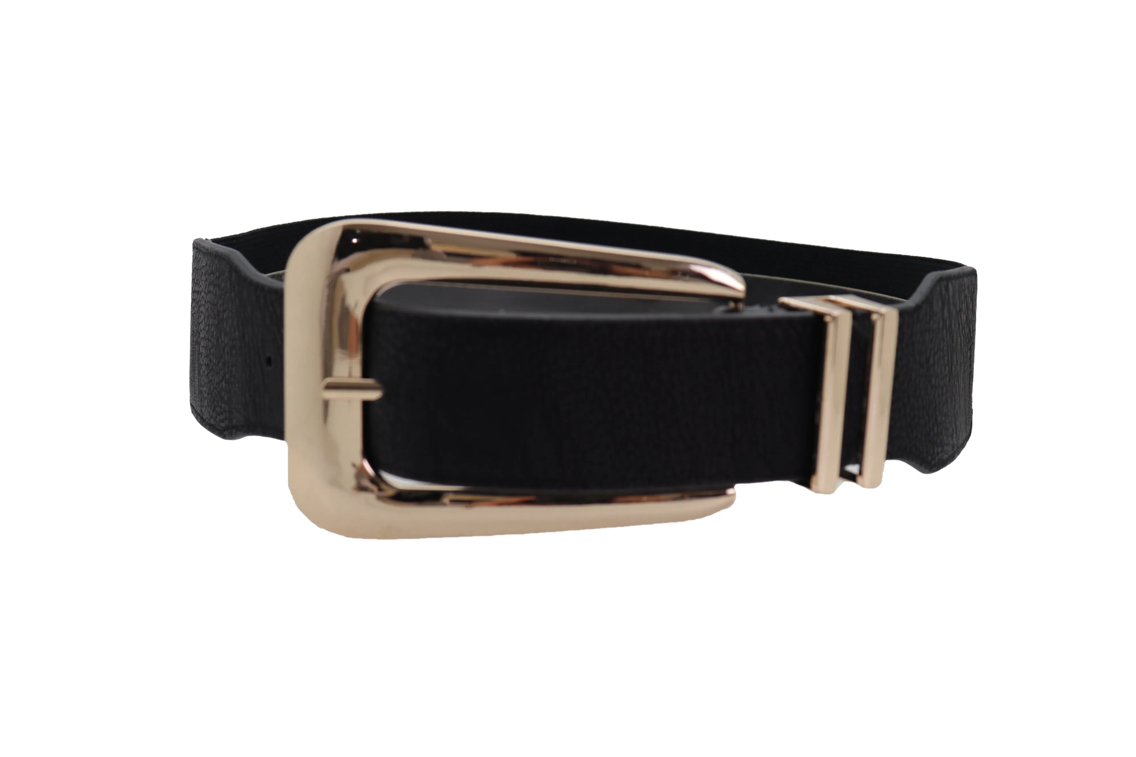 Waist Hip Gold Metal Long Buckle Black Elastic Fashion Belt Fit Size XS S