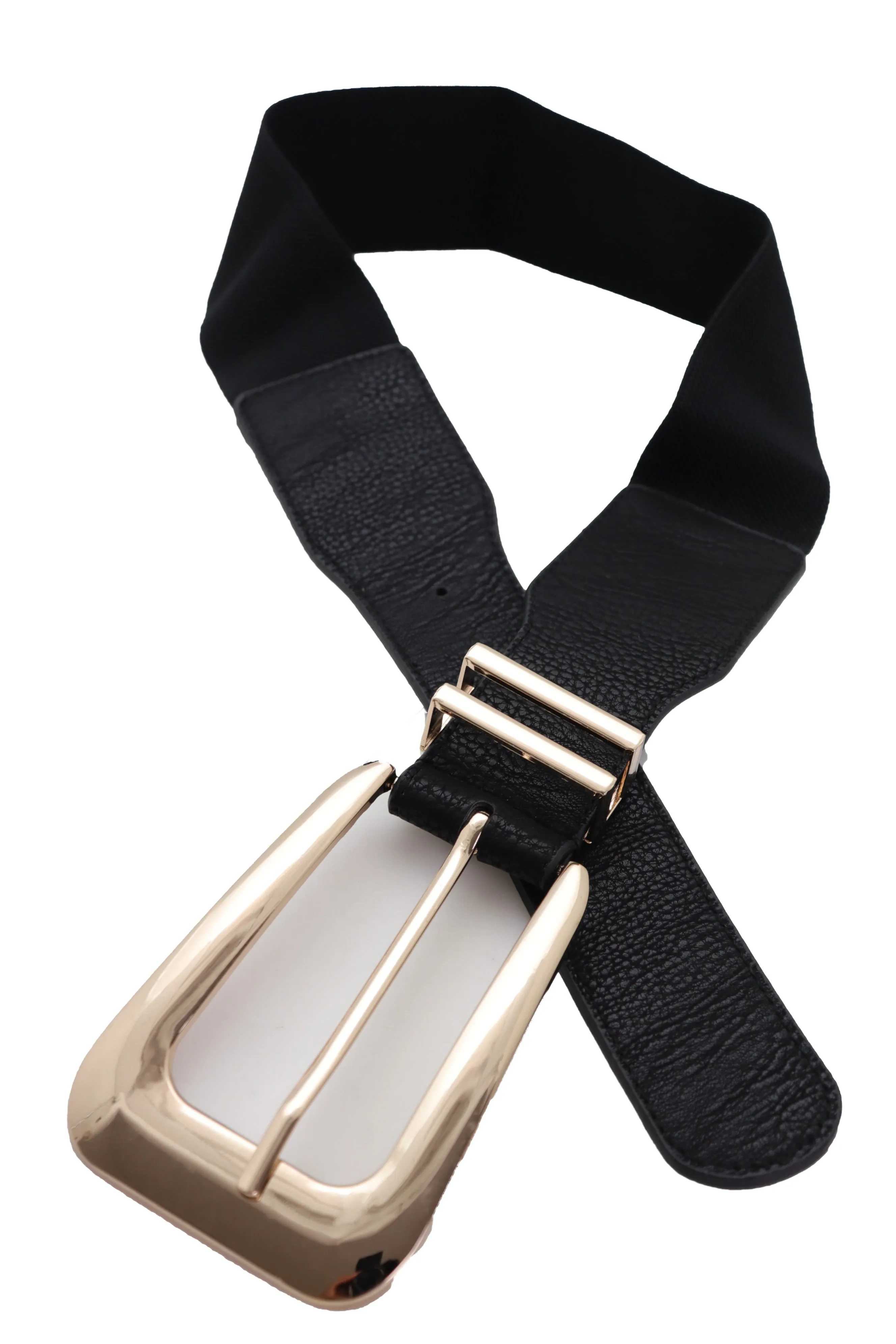 Waist Hip Gold Metal Long Buckle Black Elastic Fashion Belt Fit Size XS S