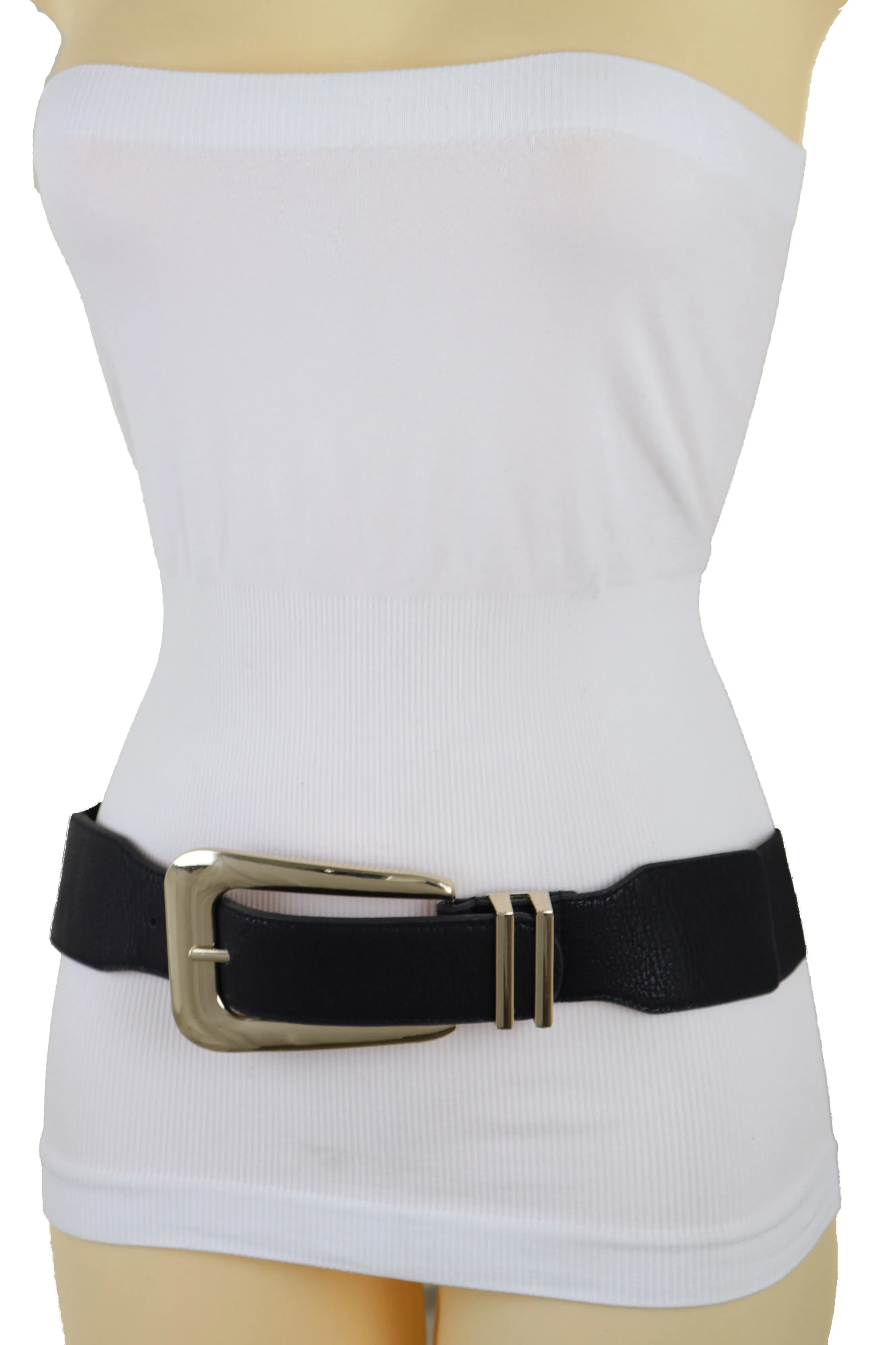 Waist Hip Gold Metal Long Buckle Black Elastic Fashion Belt Fit Size XS S