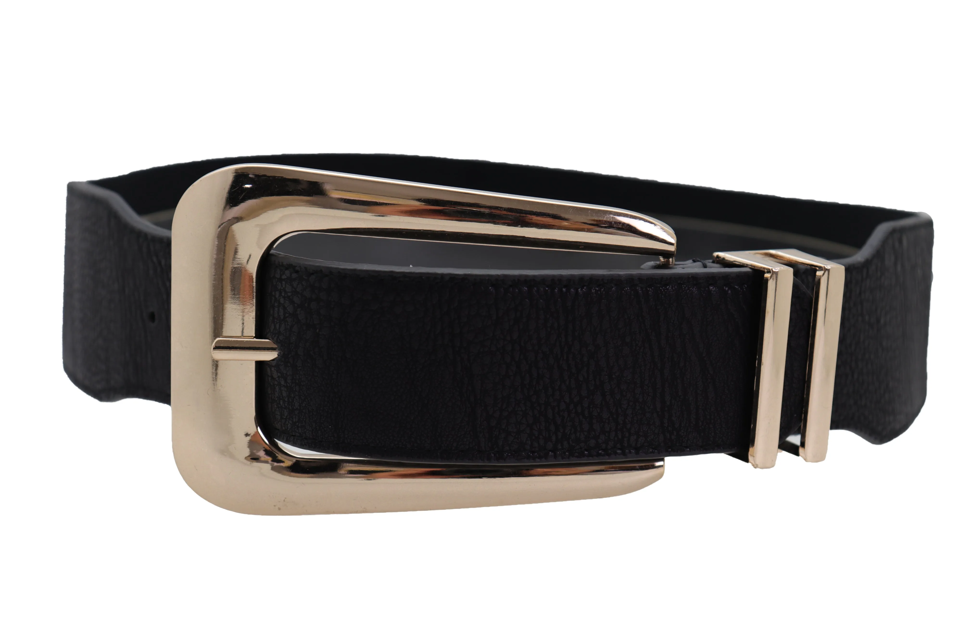 Waist Hip Gold Metal Long Buckle Black Elastic Fashion Belt Fit Size XS S