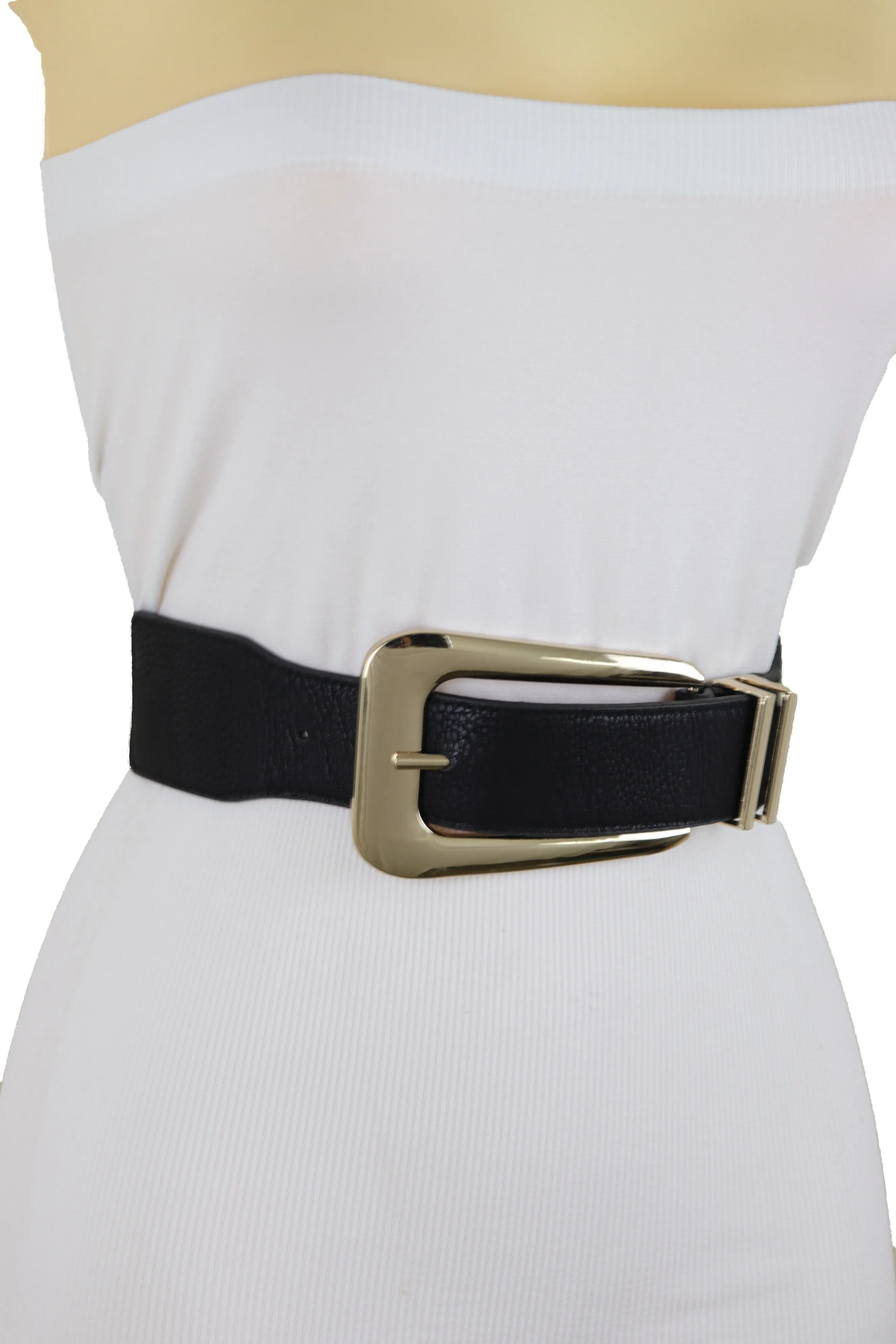 Waist Hip Gold Metal Long Buckle Black Elastic Fashion Belt Fit Size XS S
