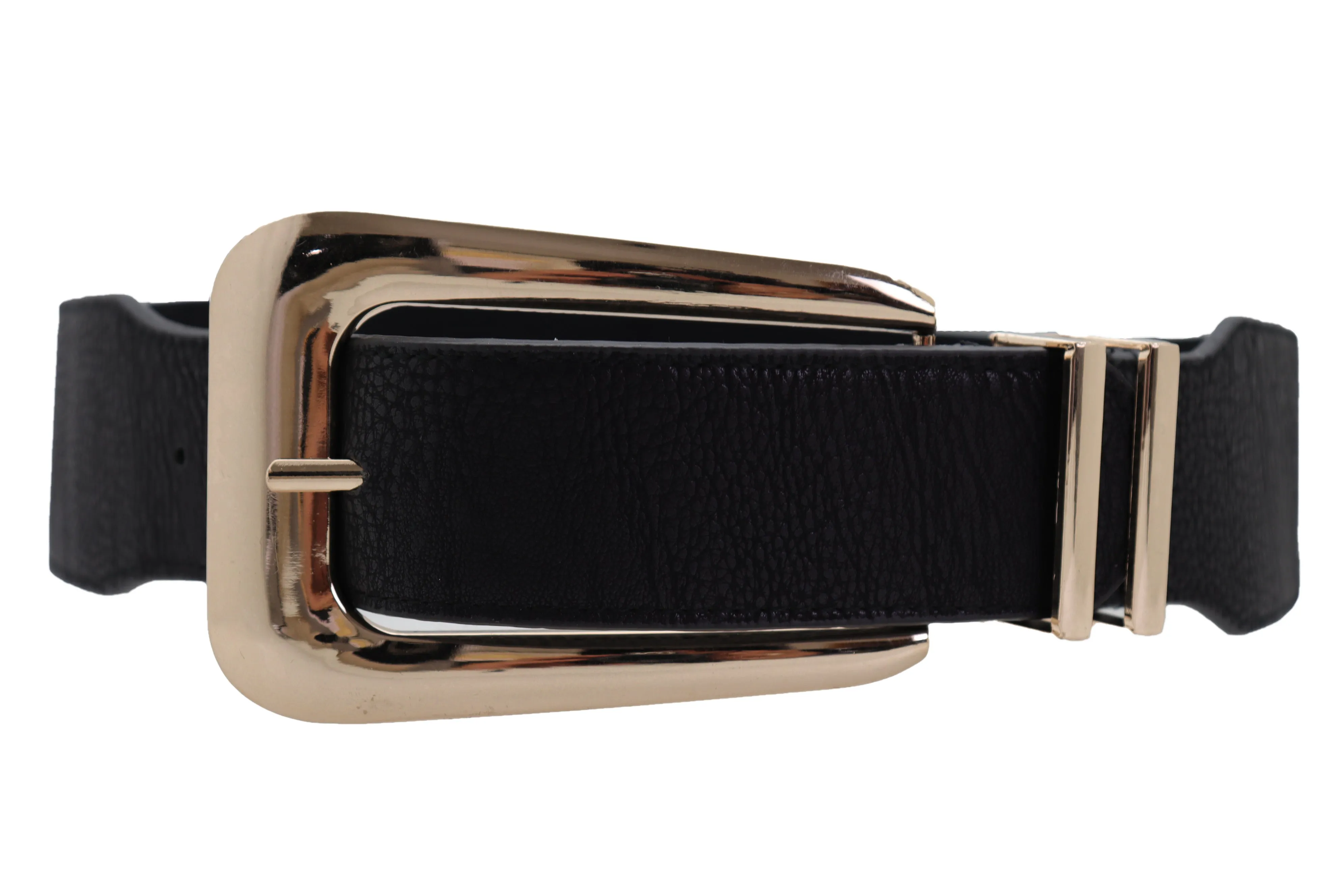 Waist Hip Gold Metal Long Buckle Black Elastic Fashion Belt Fit Size XS S