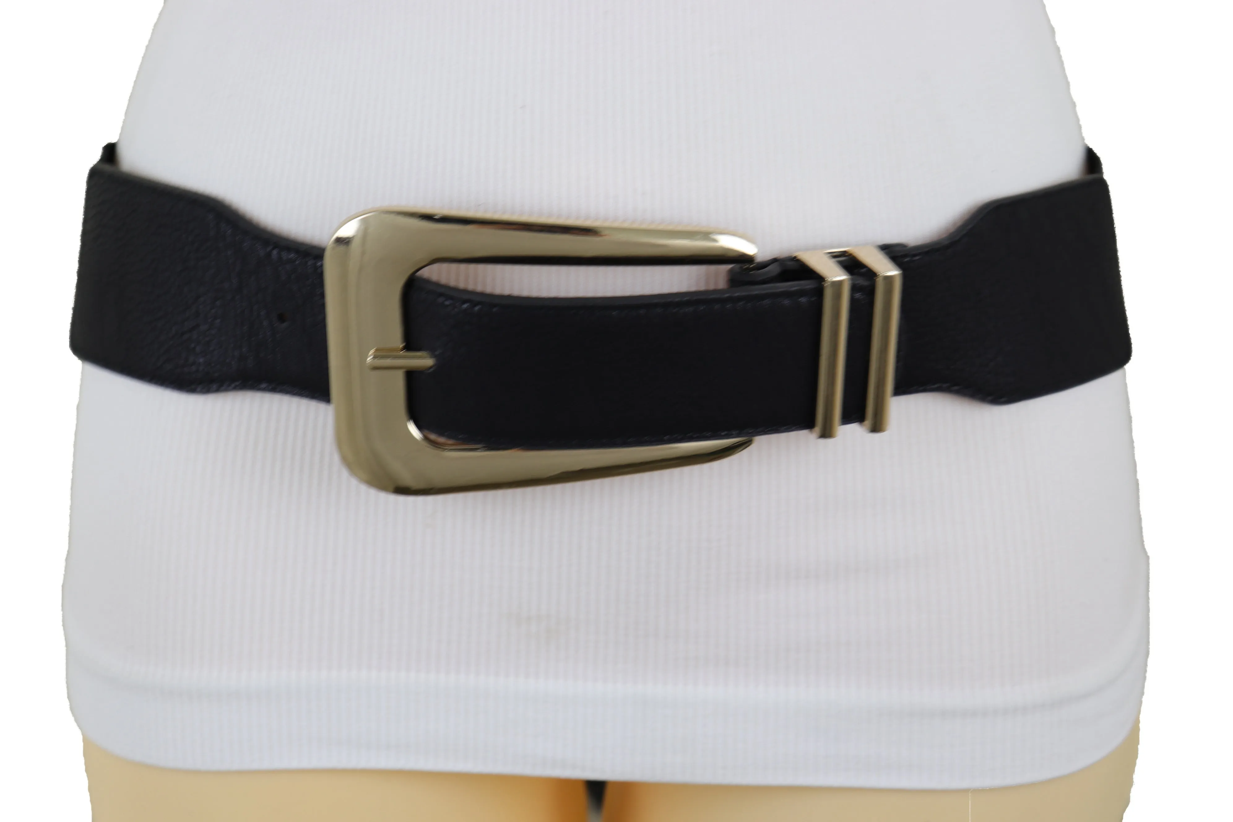 Waist Hip Gold Metal Long Buckle Black Elastic Fashion Belt Fit Size XS S
