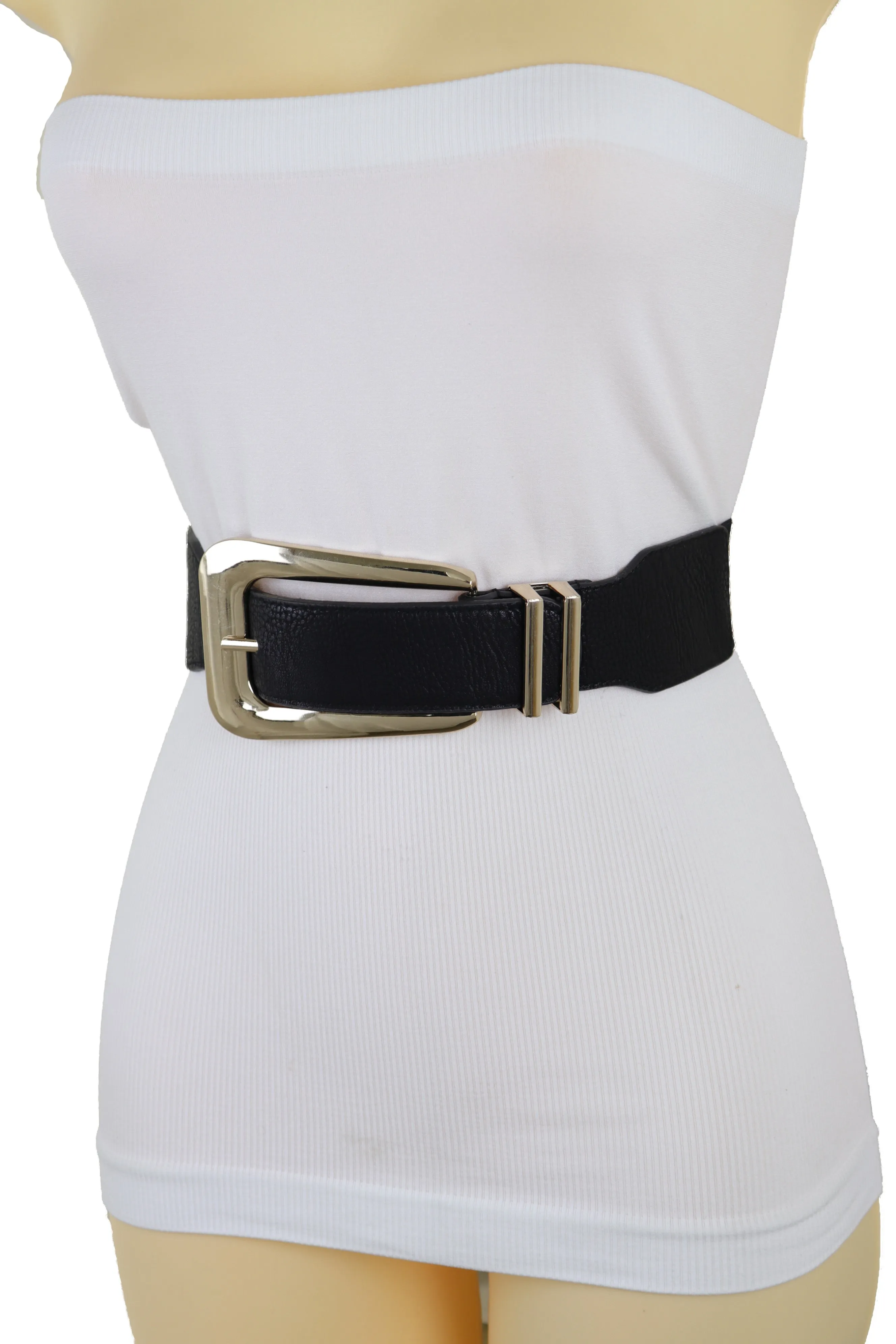 Waist Hip Gold Metal Long Buckle Black Elastic Fashion Belt Fit Size XS S