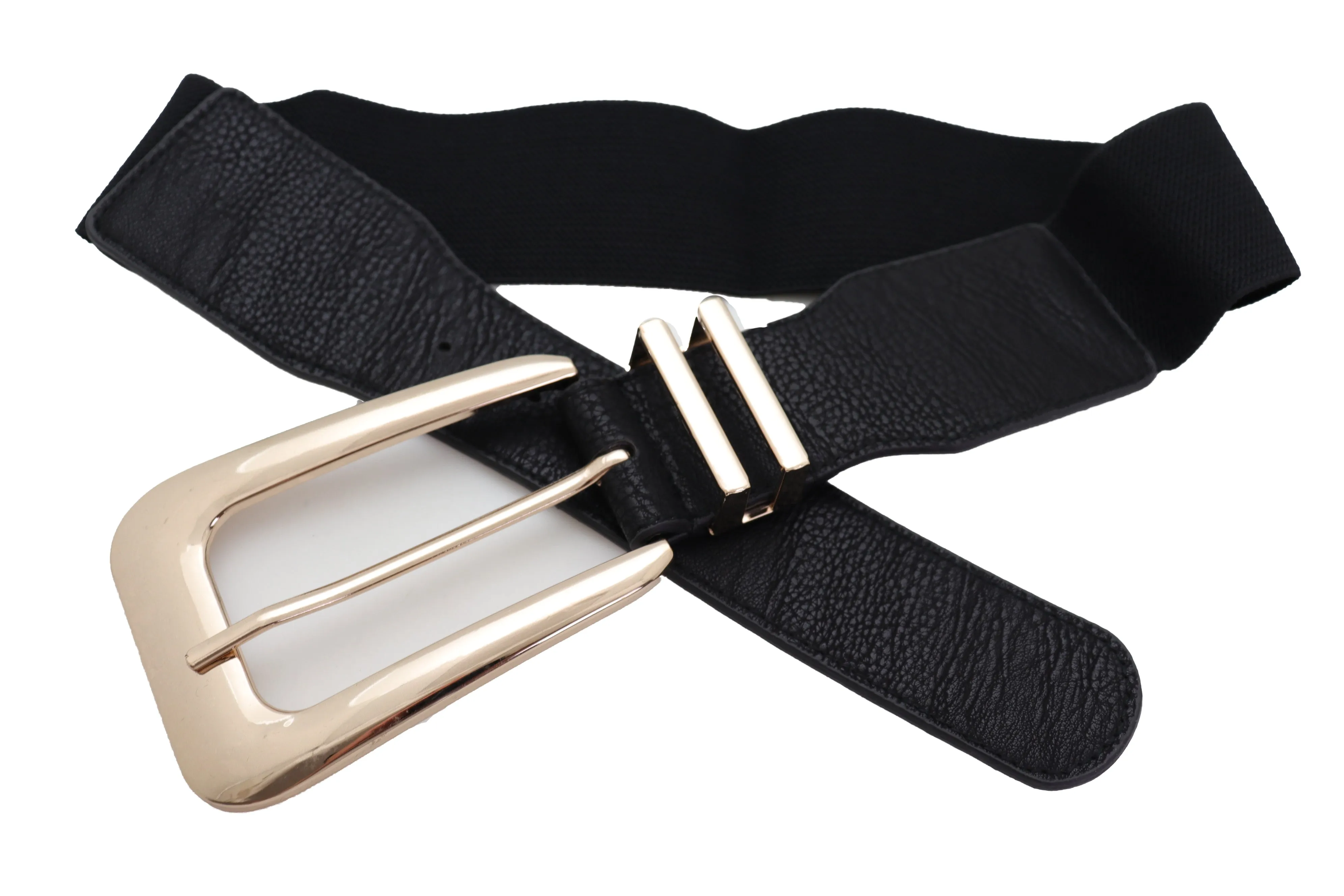 Waist Hip Gold Metal Long Buckle Black Elastic Fashion Belt Fit Size XS S