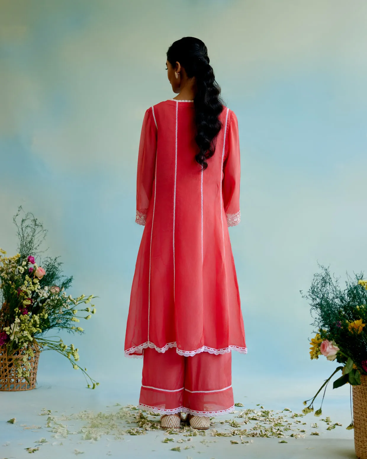 White Cotton Dobby Kaftan with lace detail and White Cotton Dobby Narrow Pants