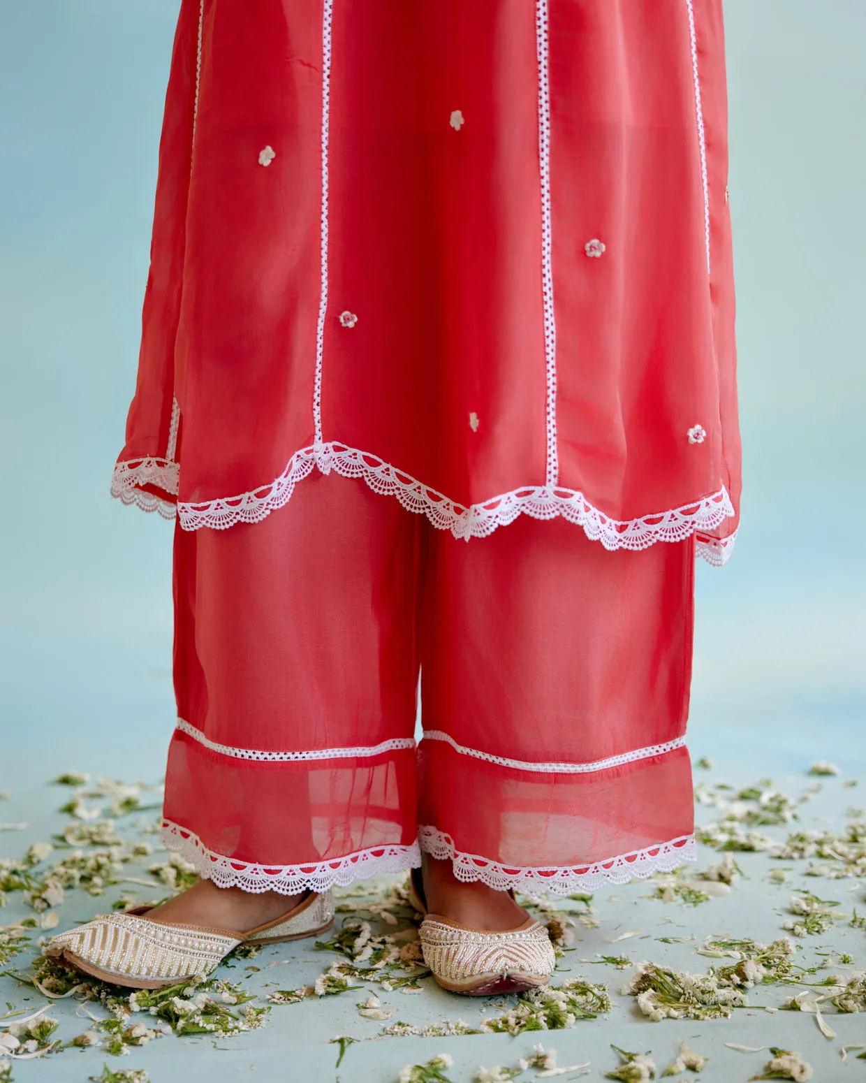 White Cotton Dobby Kaftan with lace detail and White Cotton Dobby Narrow Pants