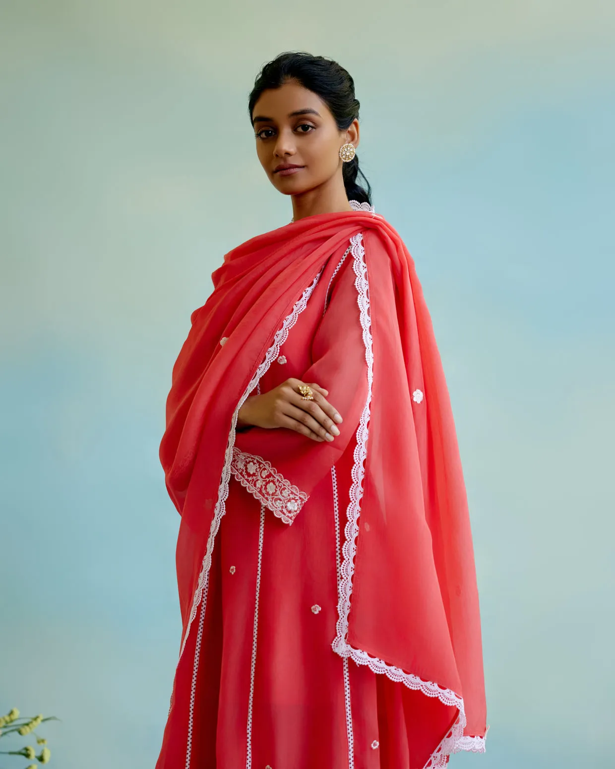 White Cotton Dobby Kaftan with lace detail and White Cotton Dobby Narrow Pants