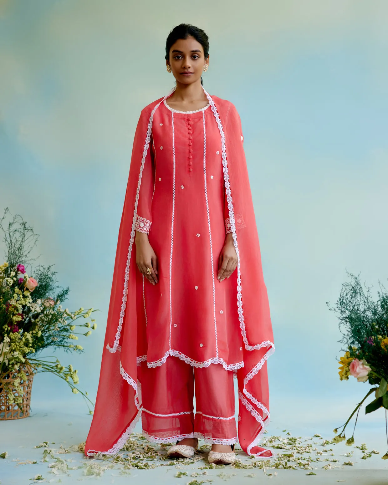 White Cotton Dobby Kaftan with lace detail and White Cotton Dobby Narrow Pants