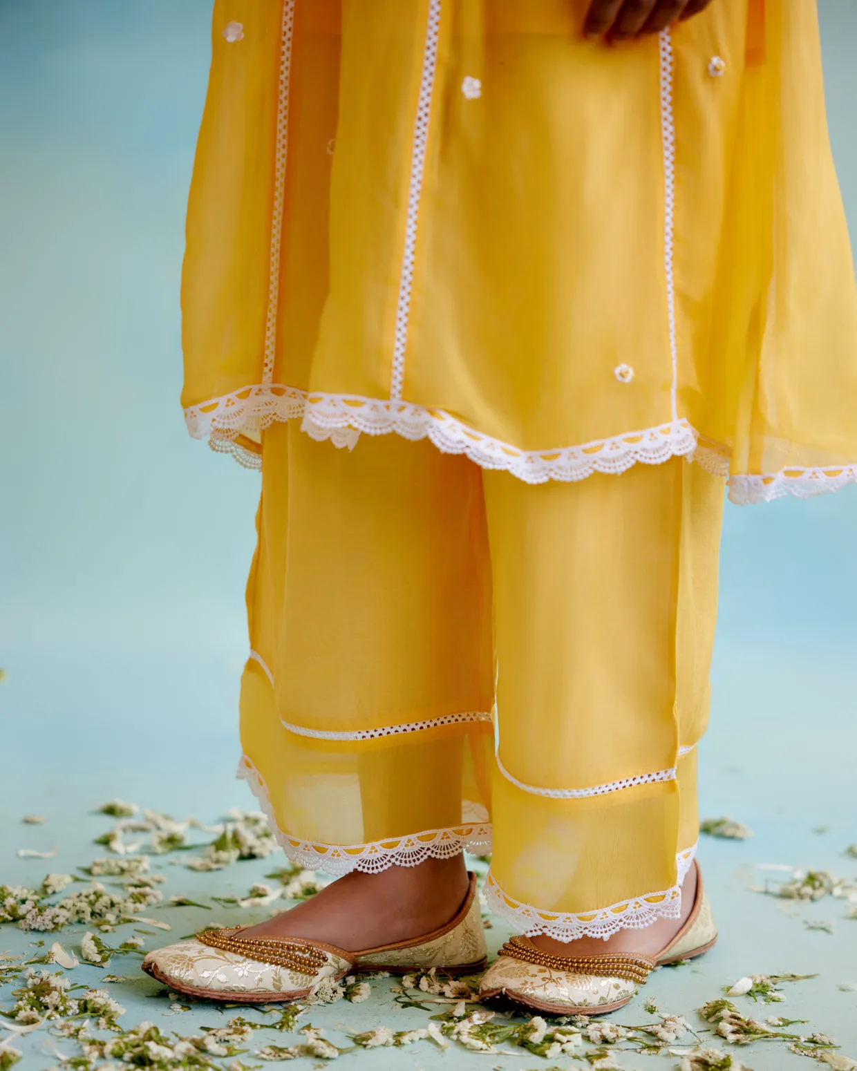 White Cotton Dobby Short Angrakha with pastel laces
