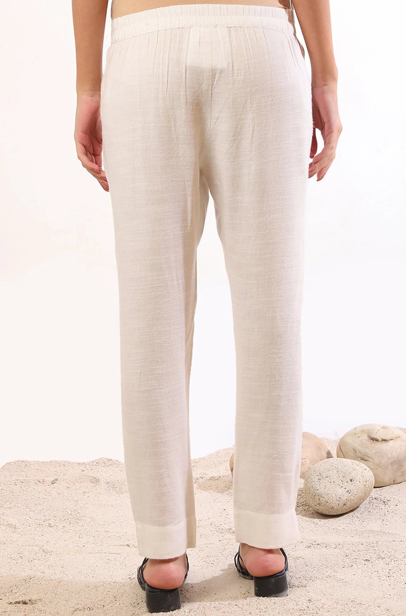 White Solid Straight Blend Trousers