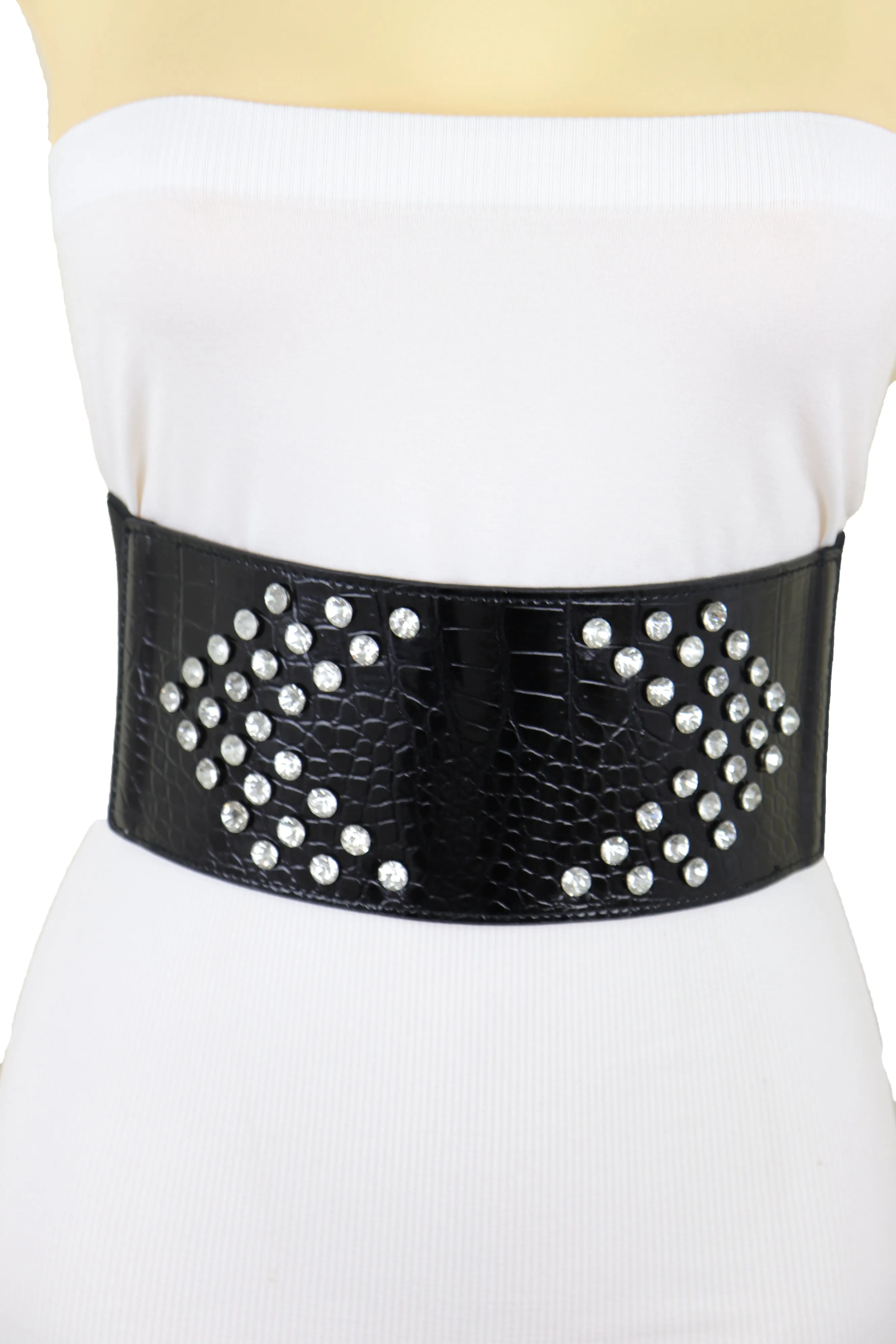 Wide Faux Leather Black Elastic Belt Side Arrows S M