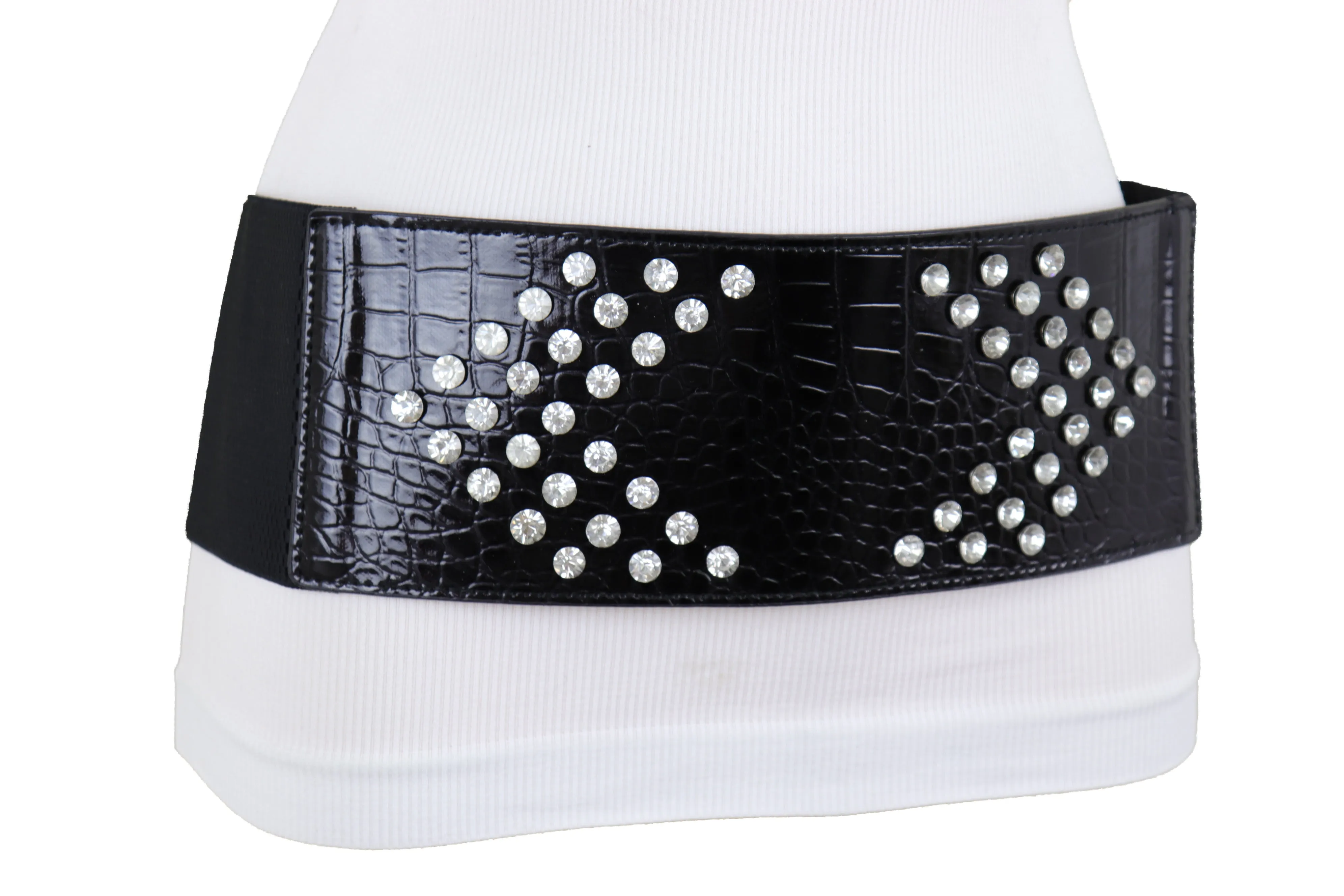 Wide Faux Leather Black Elastic Belt Side Arrows S M