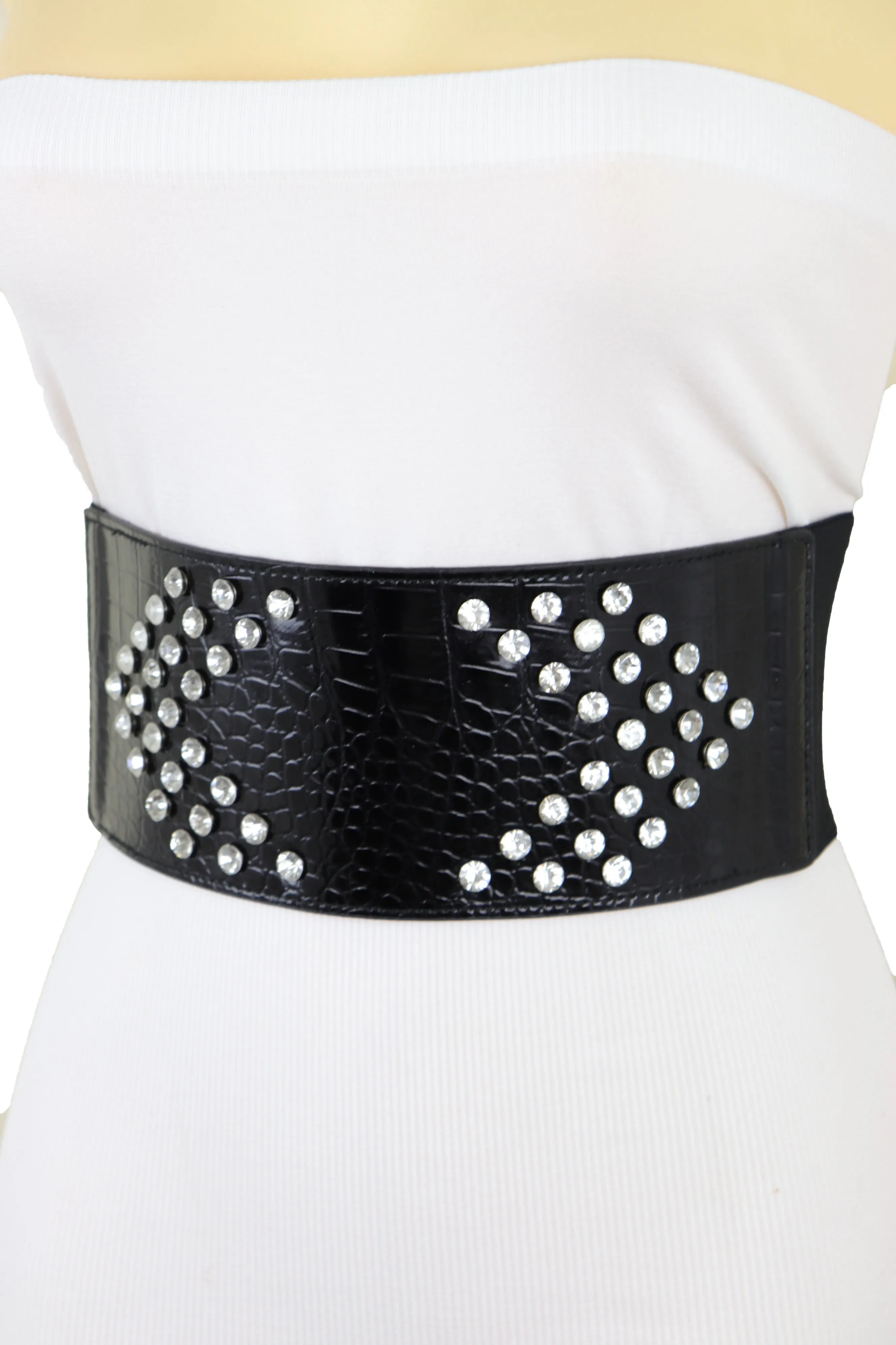 Wide Faux Leather Black Elastic Belt Side Arrows S M
