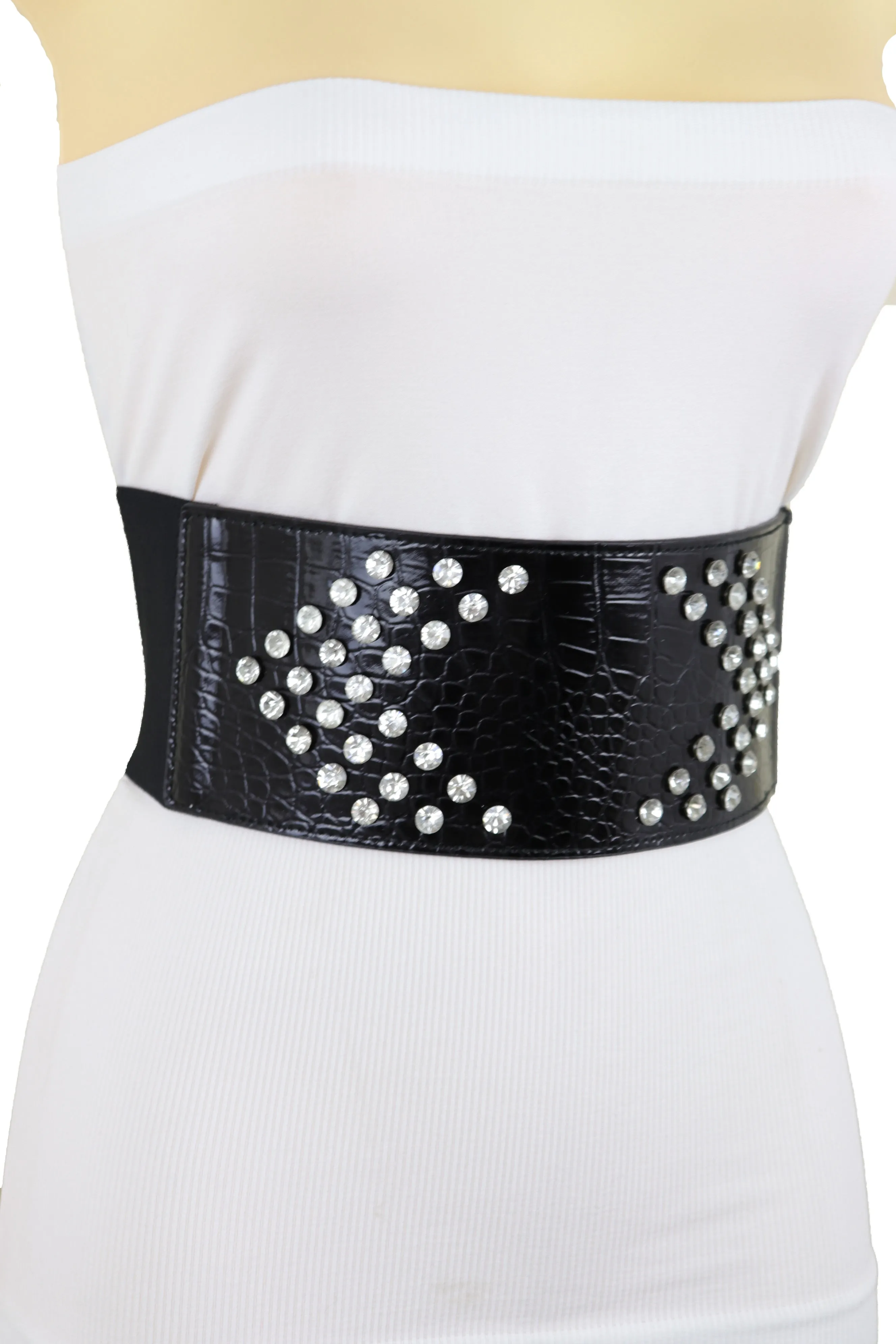 Wide Faux Leather Black Elastic Belt Side Arrows S M