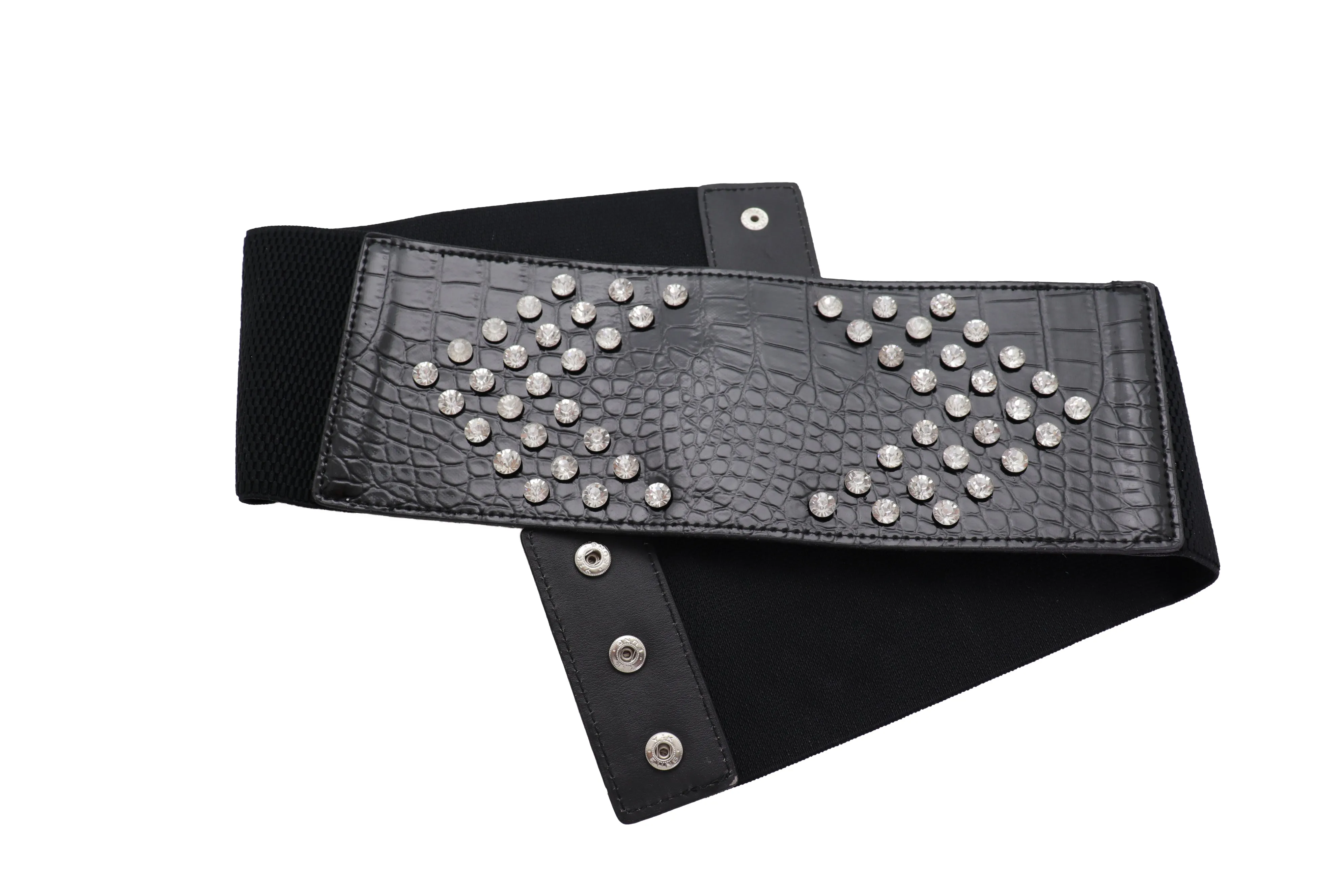 Wide Faux Leather Black Elastic Belt Side Arrows S M