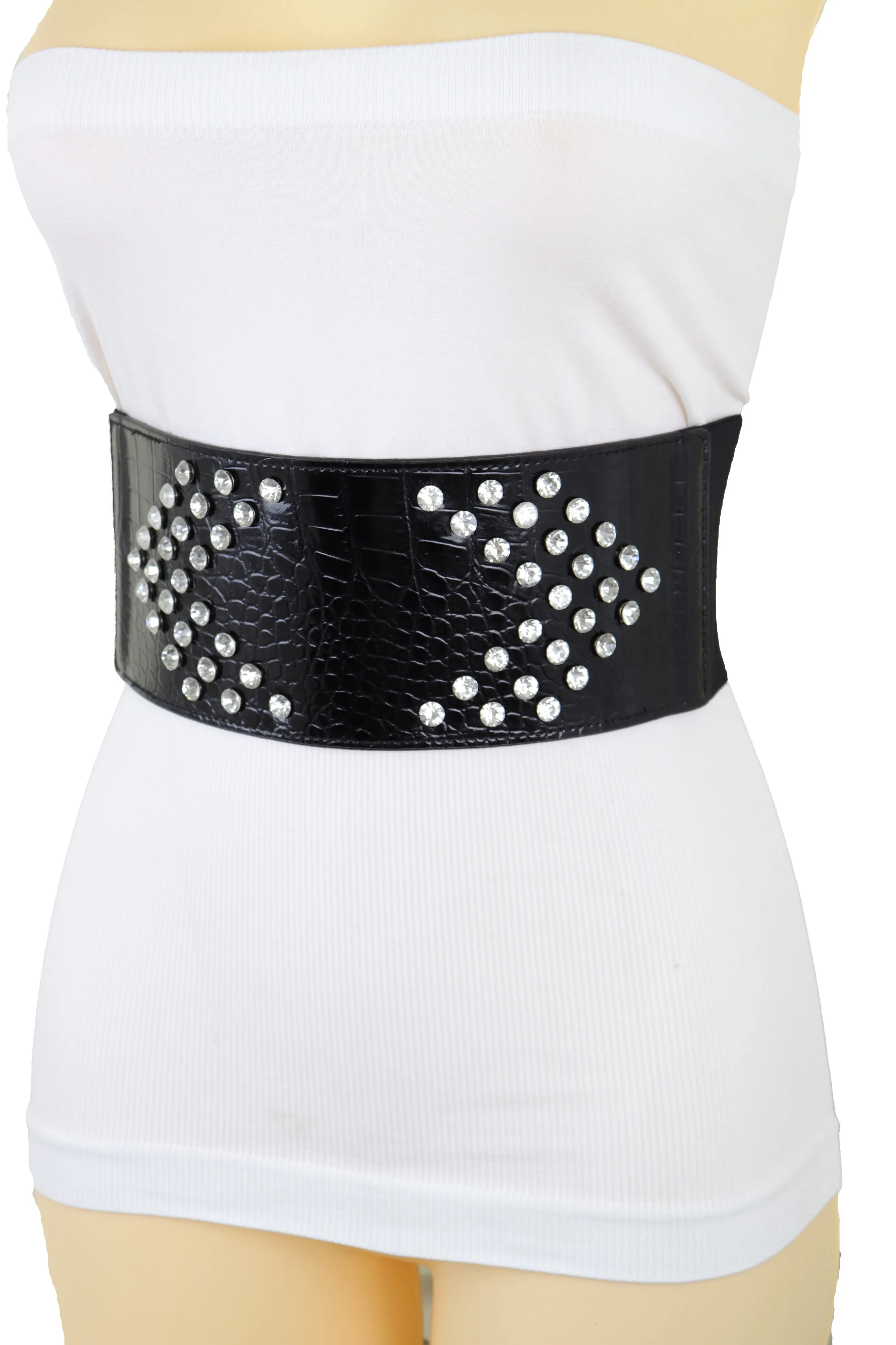 Wide Faux Leather Black Elastic Belt Side Arrows S M