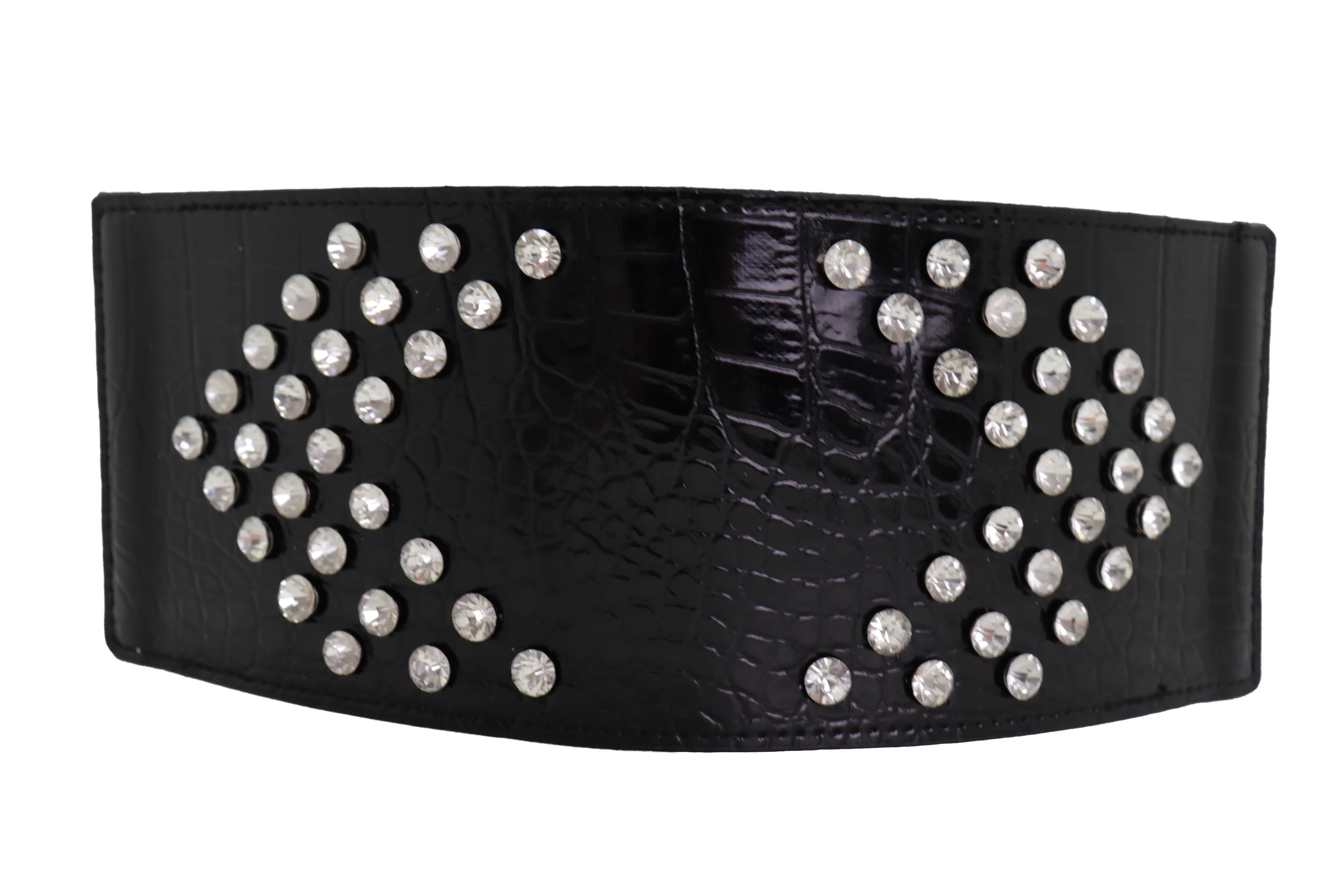 Wide Faux Leather Black Elastic Belt Side Arrows S M