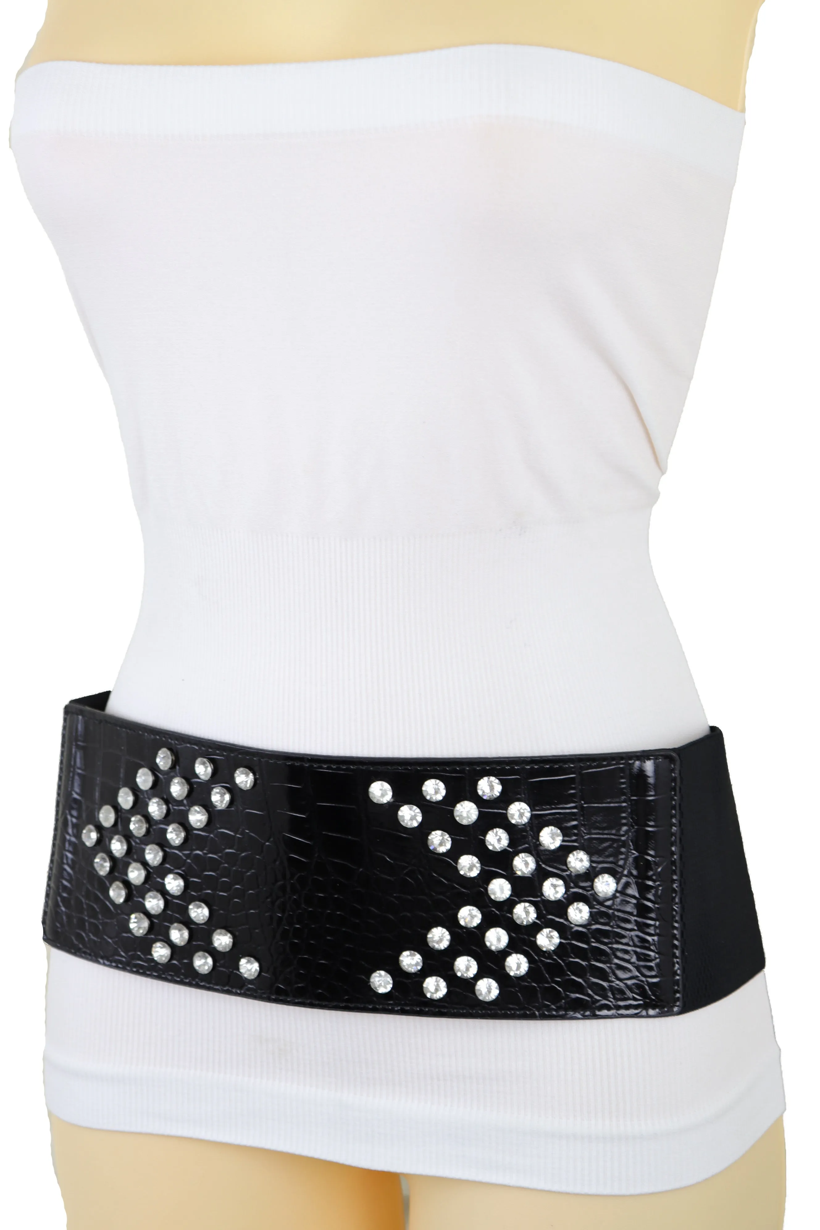 Wide Faux Leather Black Elastic Belt Side Arrows S M