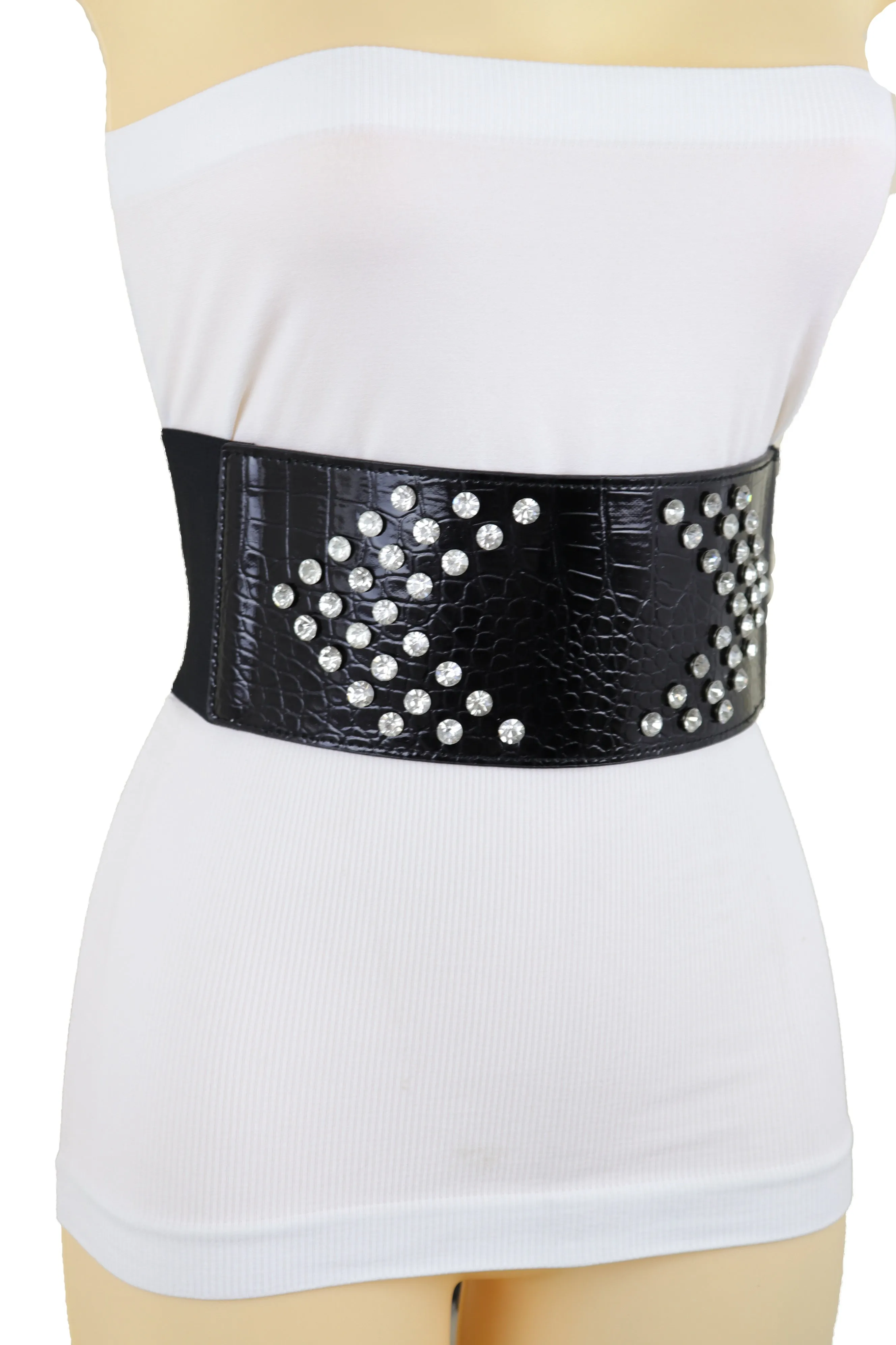 Wide Faux Leather Black Elastic Belt Side Arrows S M