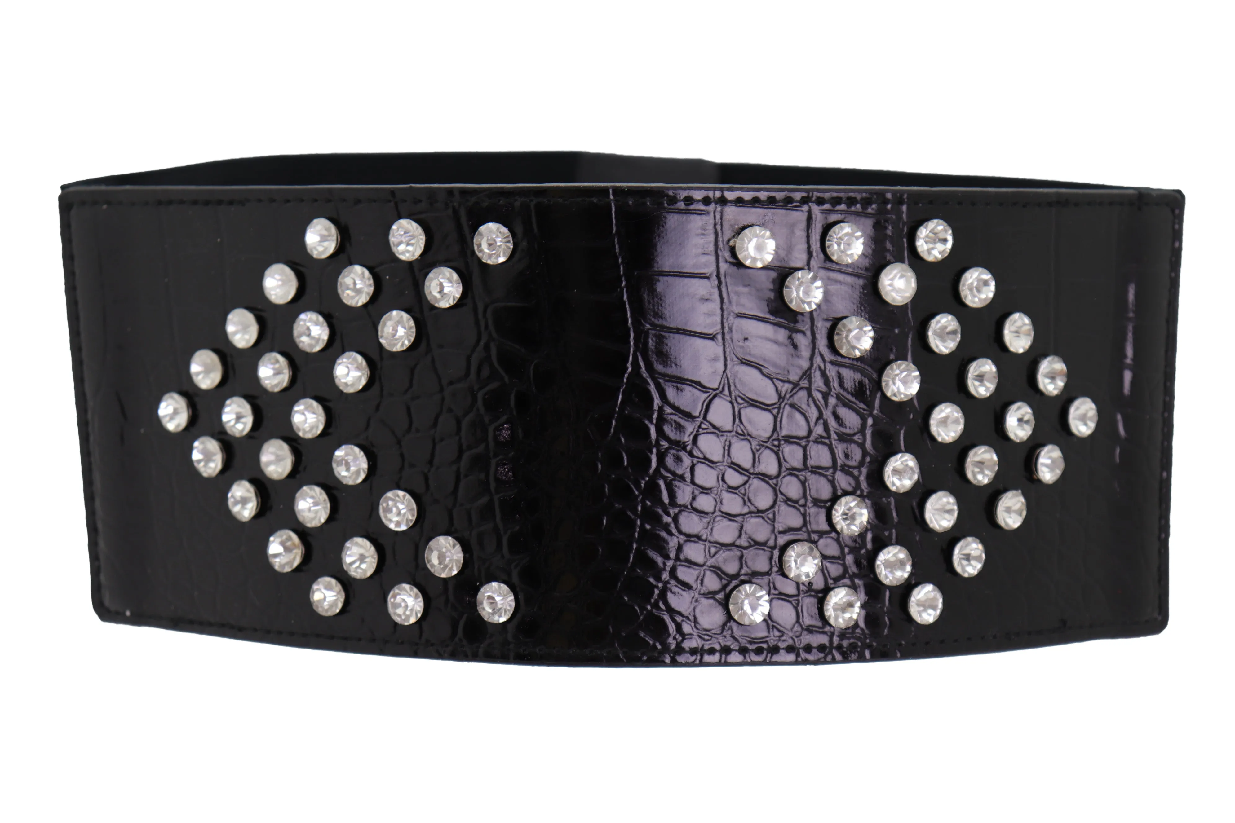 Wide Faux Leather Black Elastic Belt Side Arrows S M