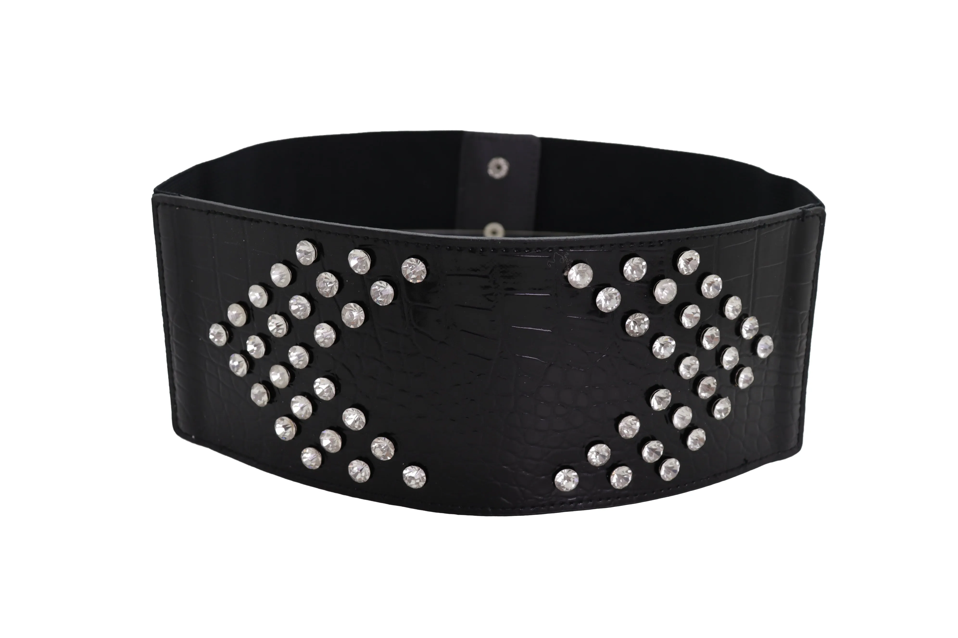 Wide Faux Leather Black Elastic Belt Side Arrows S M