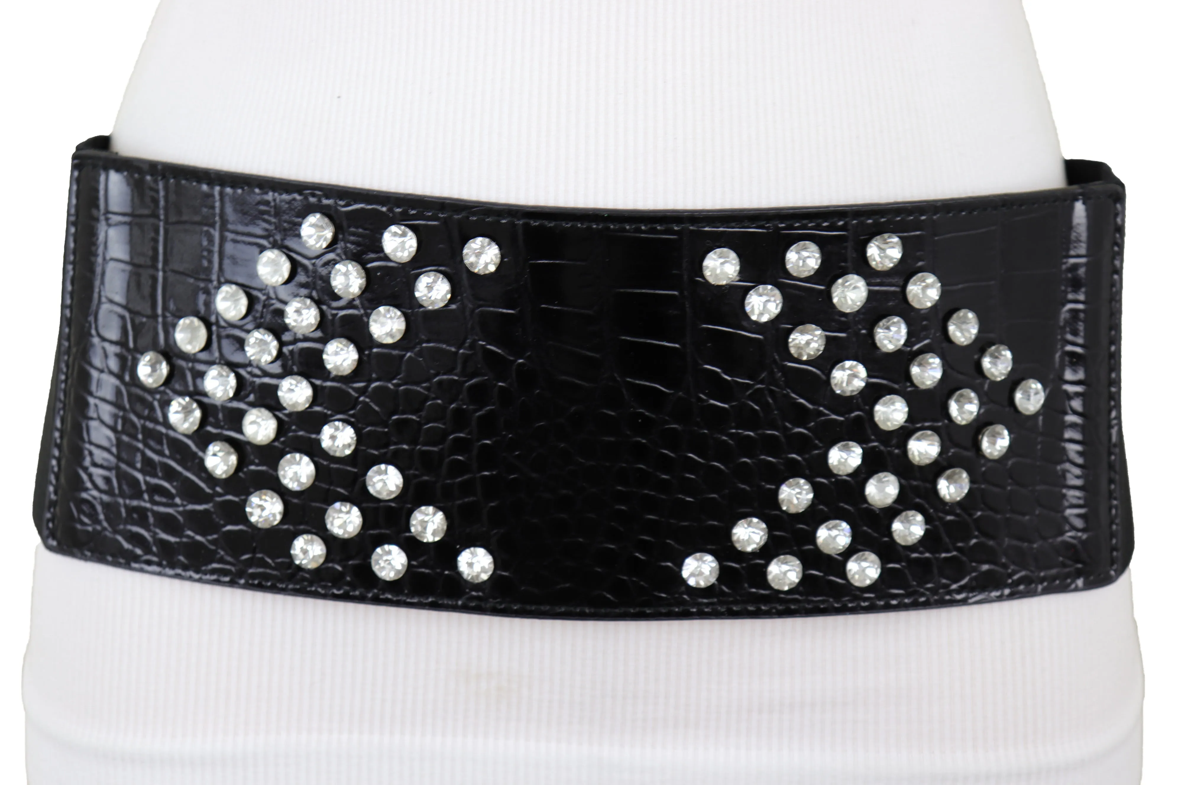 Wide Faux Leather Black Elastic Belt Side Arrows S M