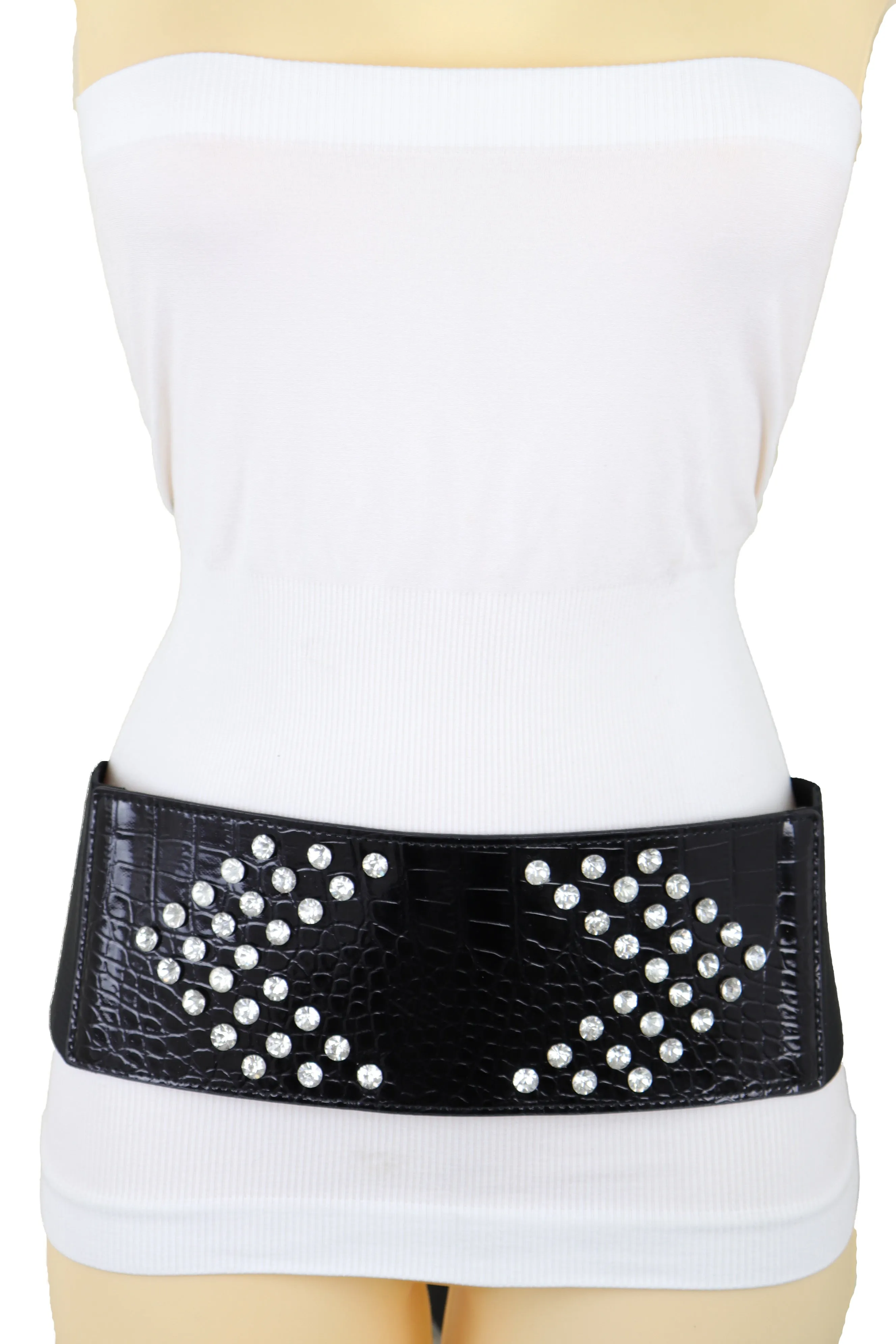 Wide Faux Leather Black Elastic Belt Side Arrows S M